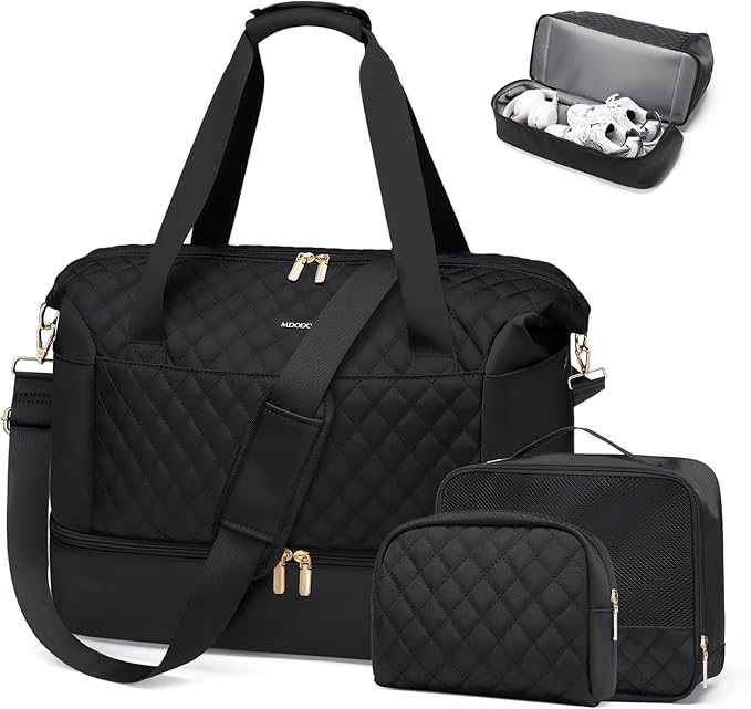 Travel Duffel Bag for Women Weekender Overnight Carry on Tote with Shoe Compartment Wet Pocket for Business Trips Travel Sports Gym Yoga Hospital, 3 Pcs Set, 43L, Black, Water-Resistant Nylon