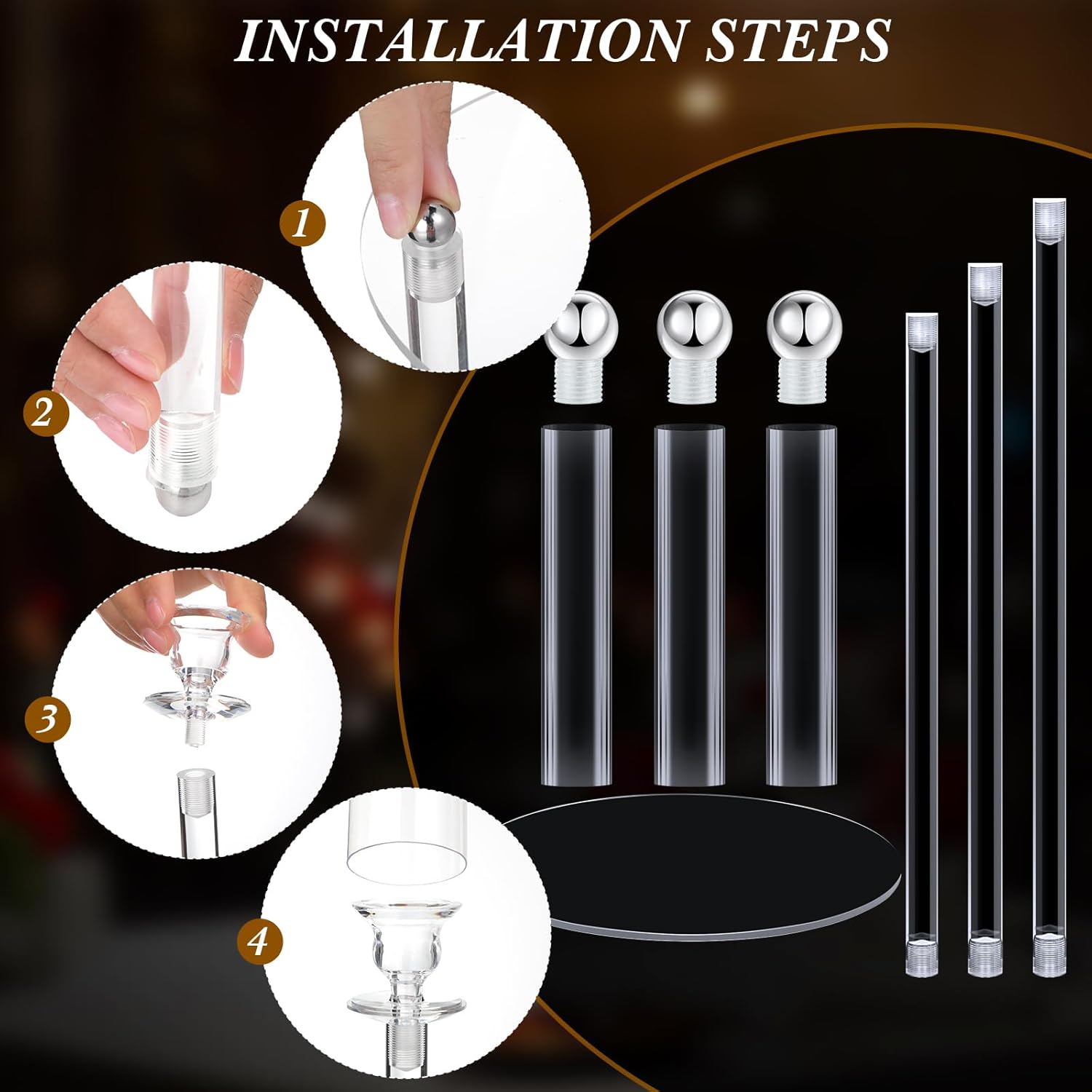 Layhit 6 Set Wedding 3 Arm Acrylic Candelabra Table Centerpiece 38.6" Clear Tall Floor Candle Holder with Shade Pillar Taper Stand for Dining Party Anniversary Birthday Easter Fit 0.87 LED Candle