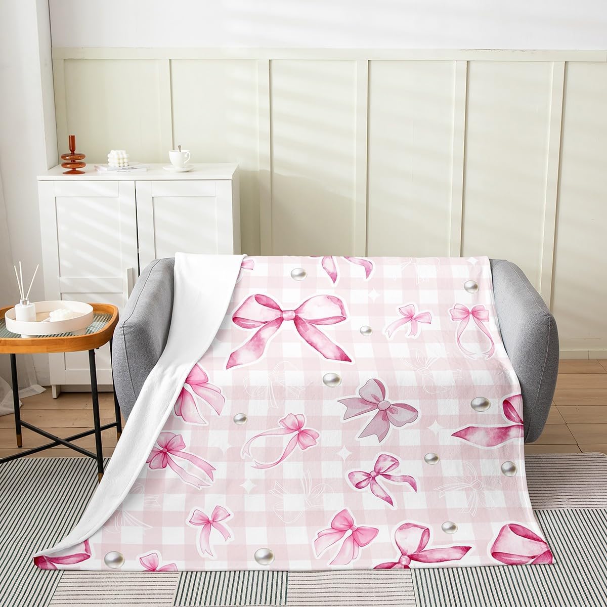 Pink Bowknot Flannel Blanket Queen 90"x90" Warm Lightweight,Lovely Girls Bows Pearl Bed Sofa Blankets,Pink Geometric Grid Pattern Fuzzy Blanket,Kawaii Girly Pink Style Breathable Blanket