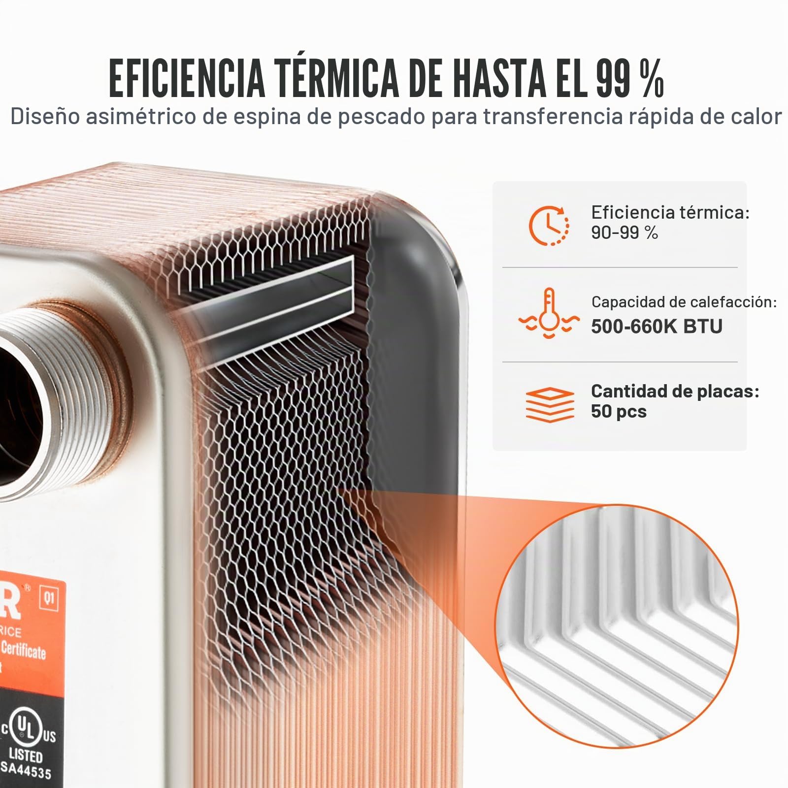 VEVOR Intercambiador de Calor de 50 Placas Soldadas, Cobre/Acero Inoxidable 316 L, Agua a Agua para Calefacción por Suelo, Calentamiento de Agua, y Derretimiento de Nieve, 301 x 126 x 157 mm