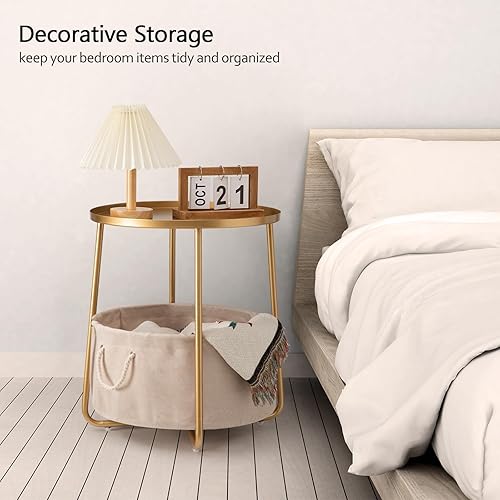 Miniatura 6 de danpinera Mesa auxiliar dorada, pequeña mesa auxiliar redonda con cesta de almacenamiento de tela, mesa auxiliar de metal para guardería, sala de