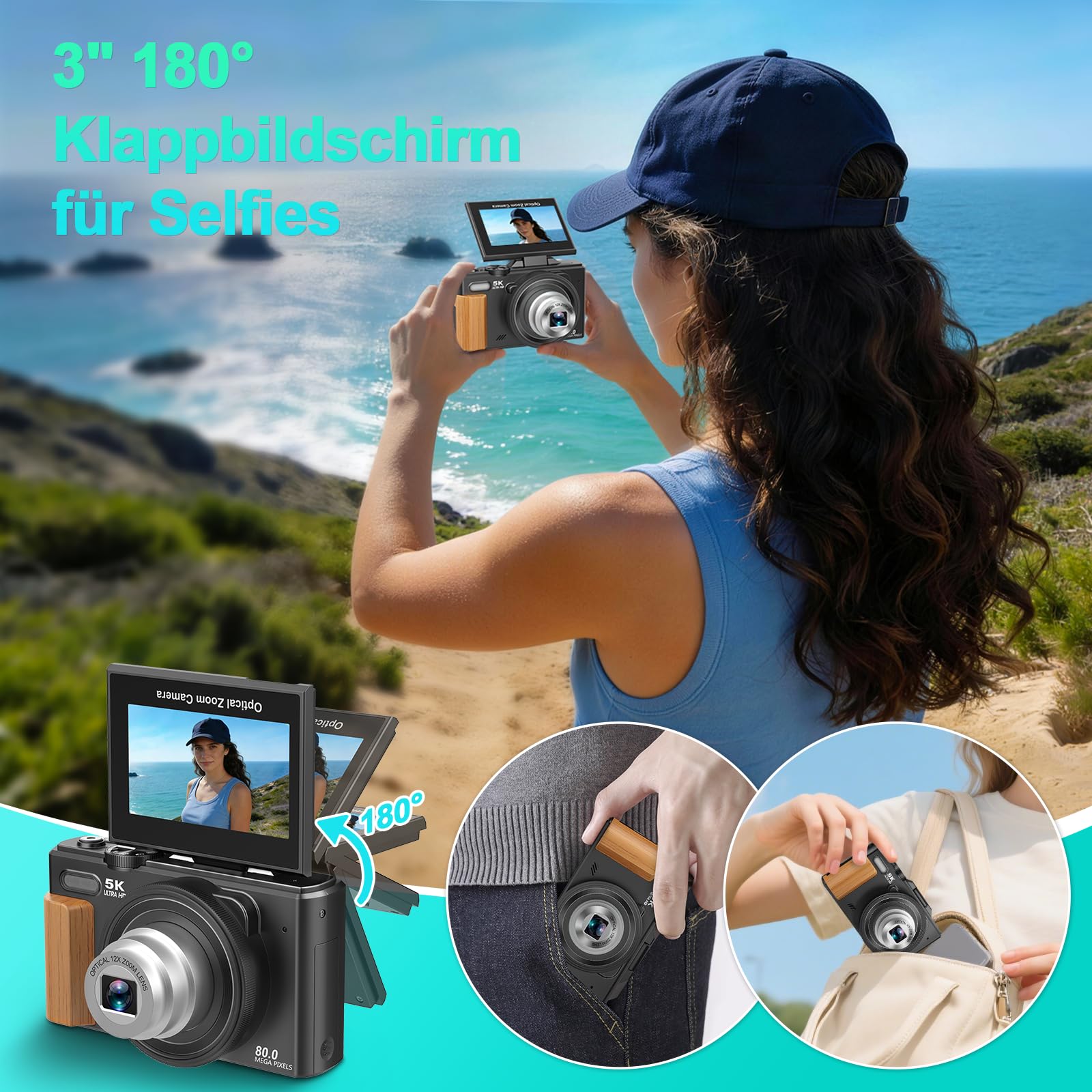 Digitalkamera 5K WiFi 80MP Kamera Fotokamera mit 12X Optischer Zoom, 3" 180° Flip Autofokus Fotoapparat Kompaktkamera für Anfänger, 2 Akkus, 16GB Karte, Schwarz