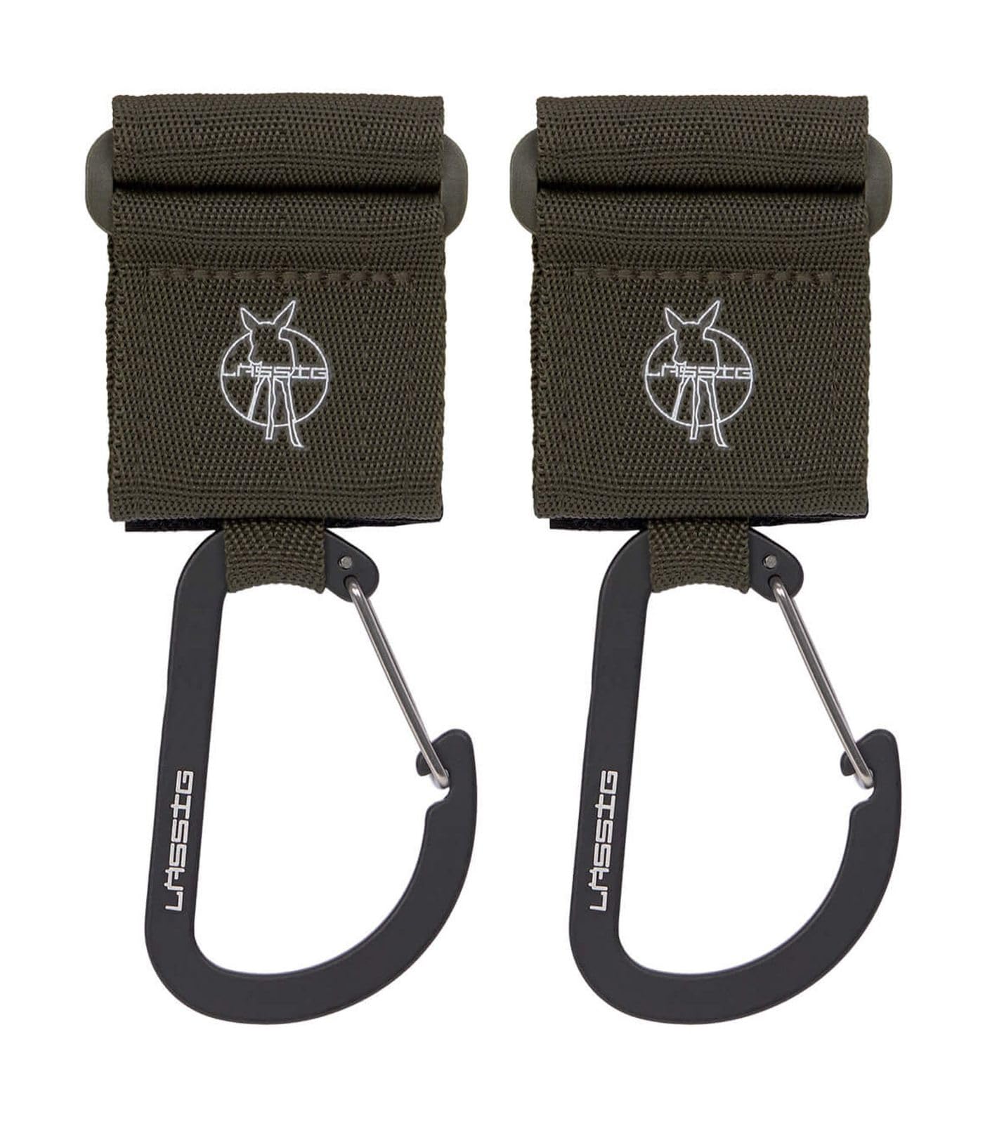 LÄSSIG Pushchair Attachment (Pack of 2) Velcro Carabiner Hook Pram Hook Shopping Hook Metal/Stroller Hooks with Carabiner Olive