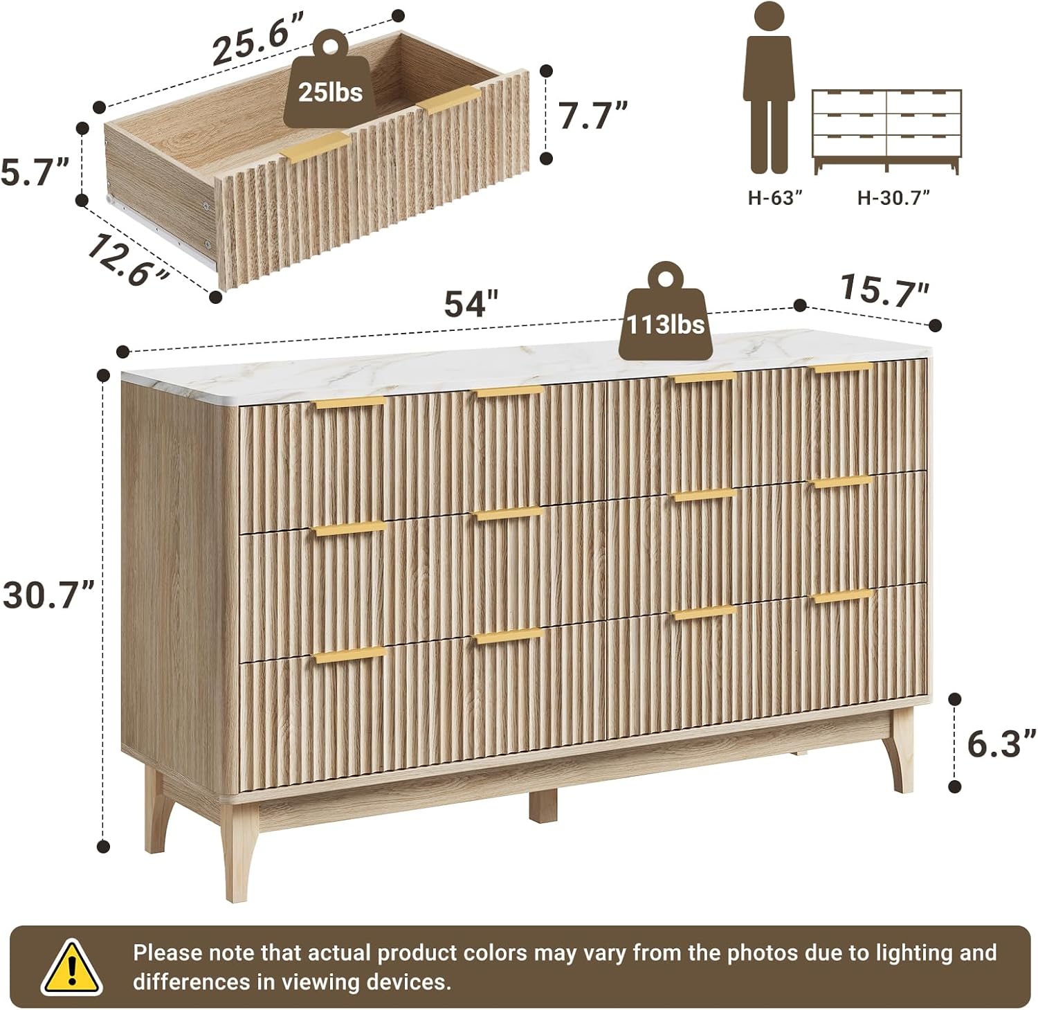 ELYKEN 54" Wide Dresser for Bedroom,6 Drawers Dresser with Faux Marble Top, Modern Oak Wood Chest of Drawers with Organizer Drawer for Living Room, Hallway, Natural Oak