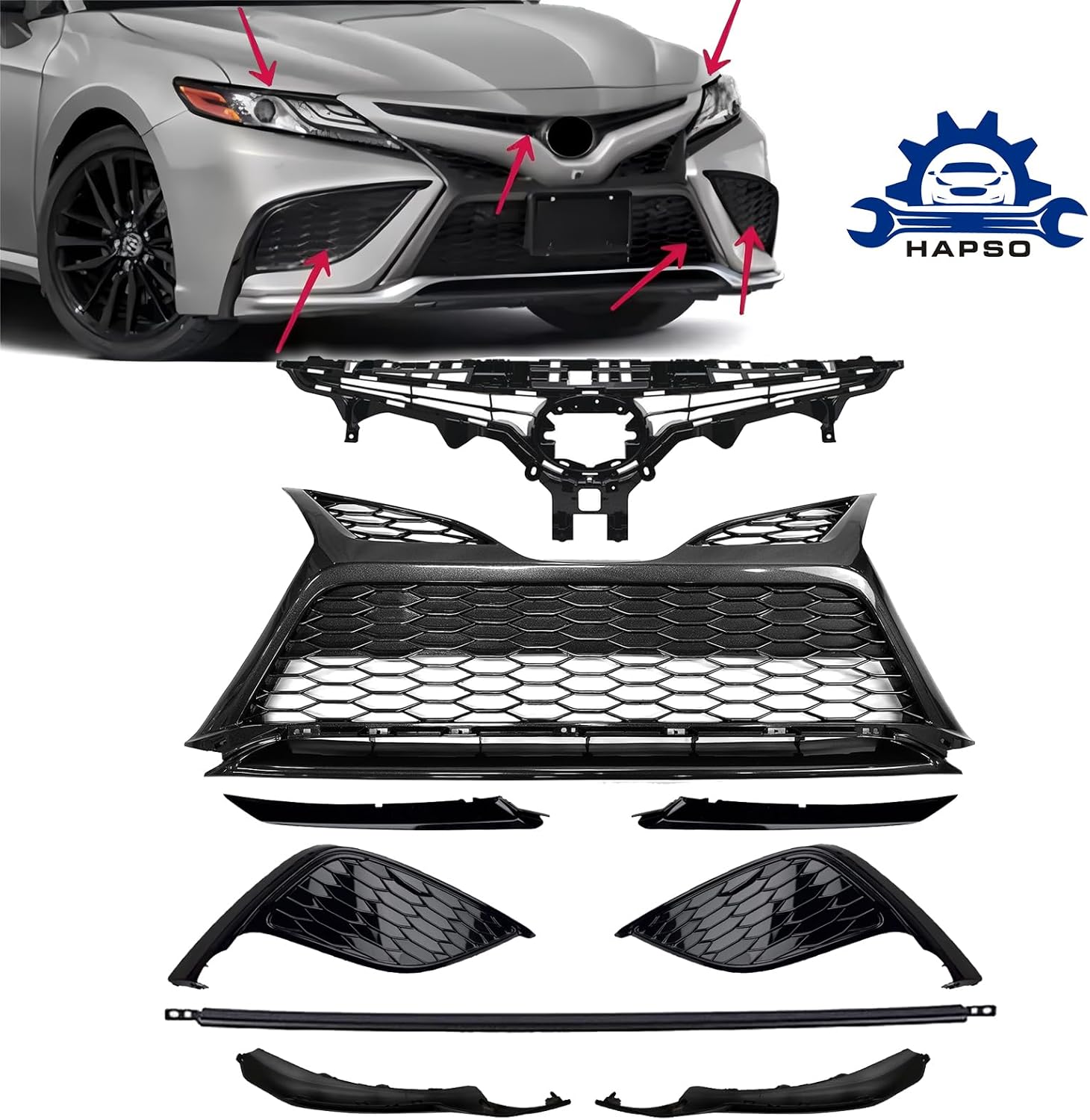 Front Grille Black Trim Fog Light Bezel Set 9pcs Fit For 2021 2022 2023 Toyota Camry SE, Front Bumper Body Assembly Kit Direct Replacement (Glossy Black)