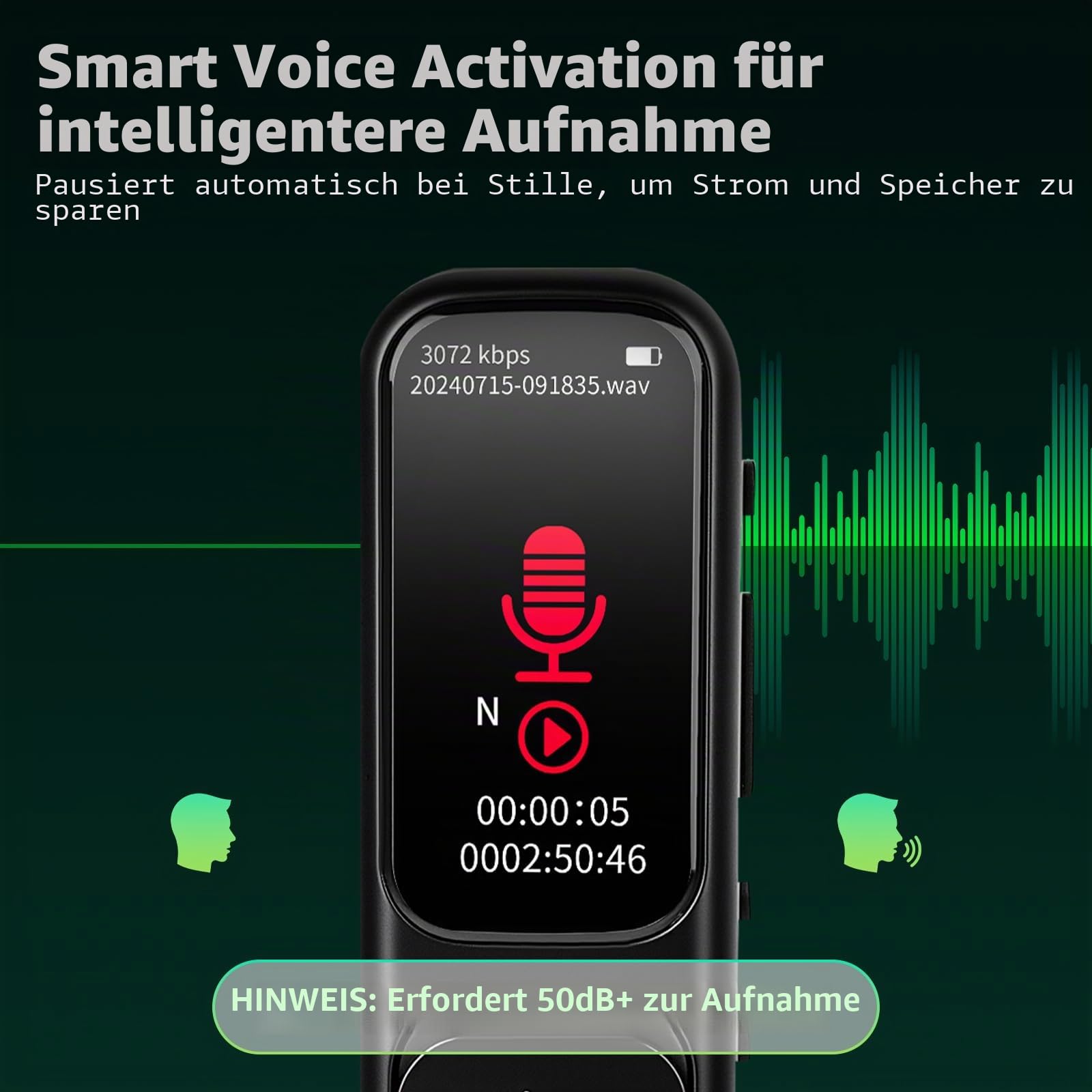 64 GB Diktiergerät Digital mini – 3072 Kpbs Magnetisches Sprachaktiviertes Aufnahmegerät mit DSP-Rauschunterdrückung für Anrufe/Interviews/Unterricht/Besprechungen