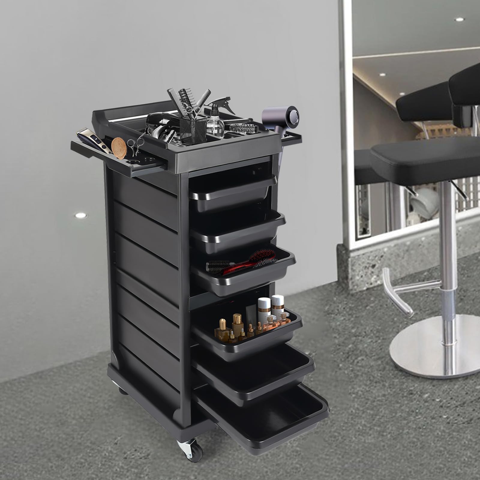 7-Tier Salon Rolling Cart with Locking Drawers - Professional Hair Stylist & Barber Station Organizer with 4 Universal Wheels, Tool Holders & Storage Cabinet for Beauty Salon Supplies (Black)