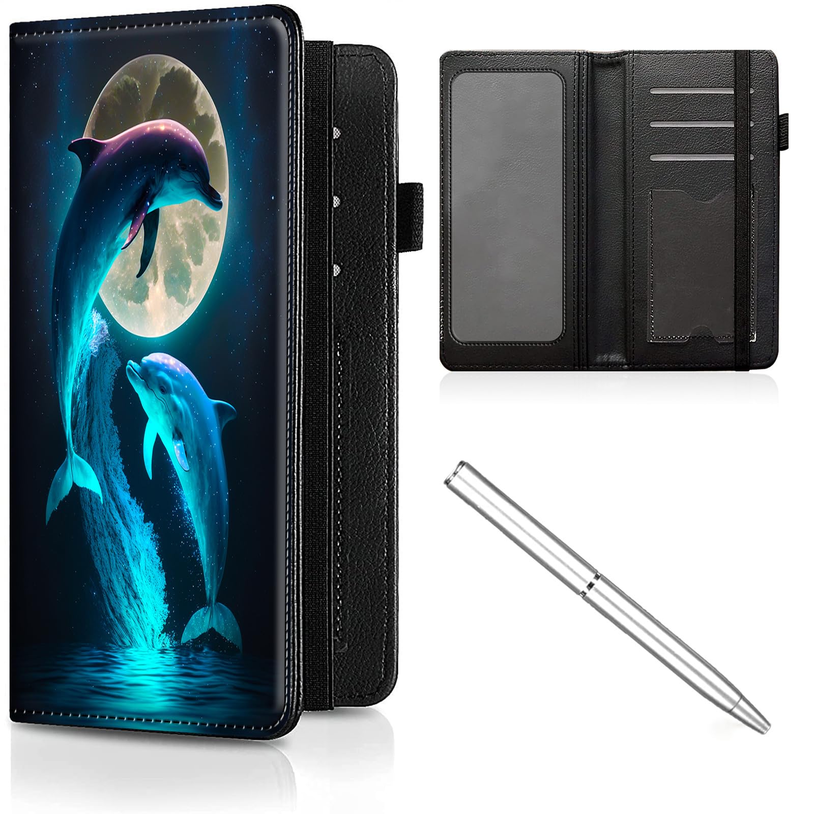 CheckBook Cover for Women Men,Personal Checkbook and Register,Leather RFID Blocking Check Book Wallet,with Credit Card Slot & Elastic Strap and Women's Checkbook Covers,Cute Dolphins and Moon