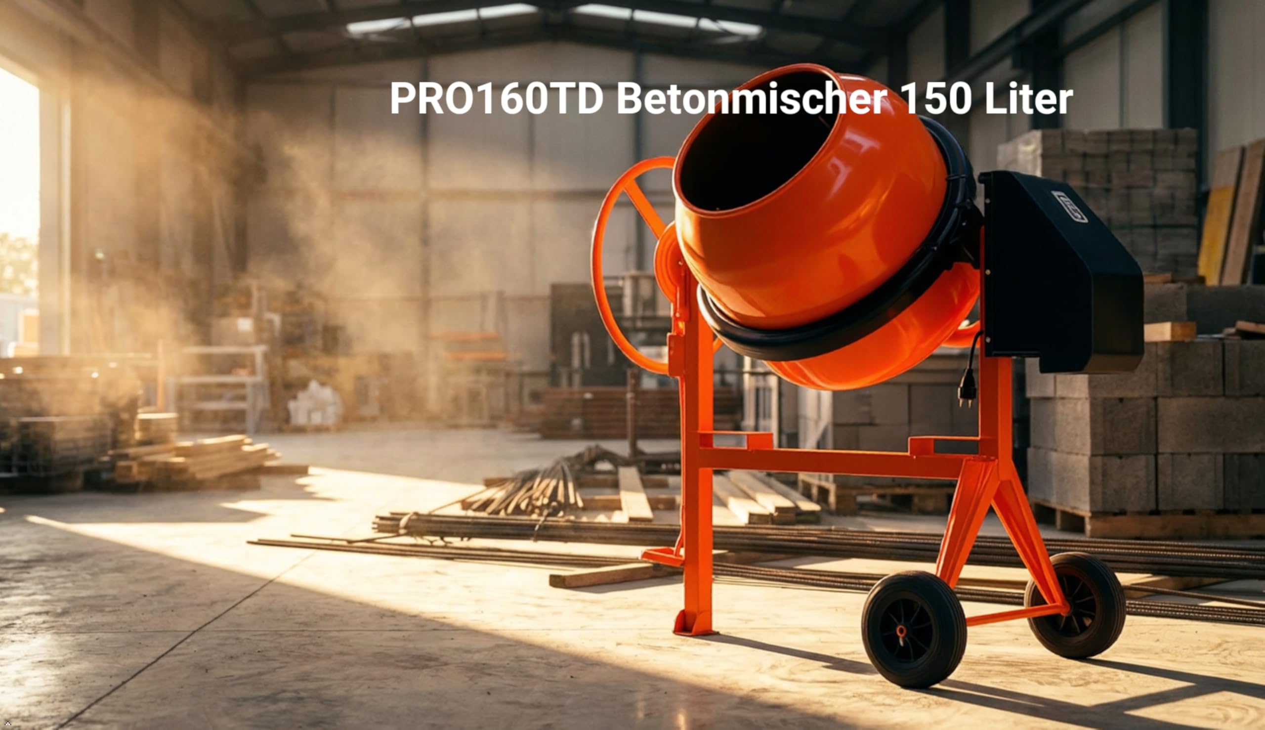 PRO160TD Profi Betonmischer 230V Mischmaschine Beton Mörtel Zementmischer (150 Liter Trommelvolumen, 850 Watt Motorleistung, Zahnkranz aus Gusseisen, Zahnkranzschutz, IP45, Fußbremse) orange