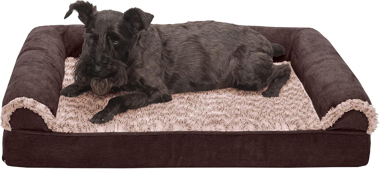 CALM-N-COMFY Pet Bed for Dogs & Cats - Tonal Faux Fur & Suede Sofa Egg Crate Orthopedic Dog Bed, Removable Washable Cover, Espresso, Medium