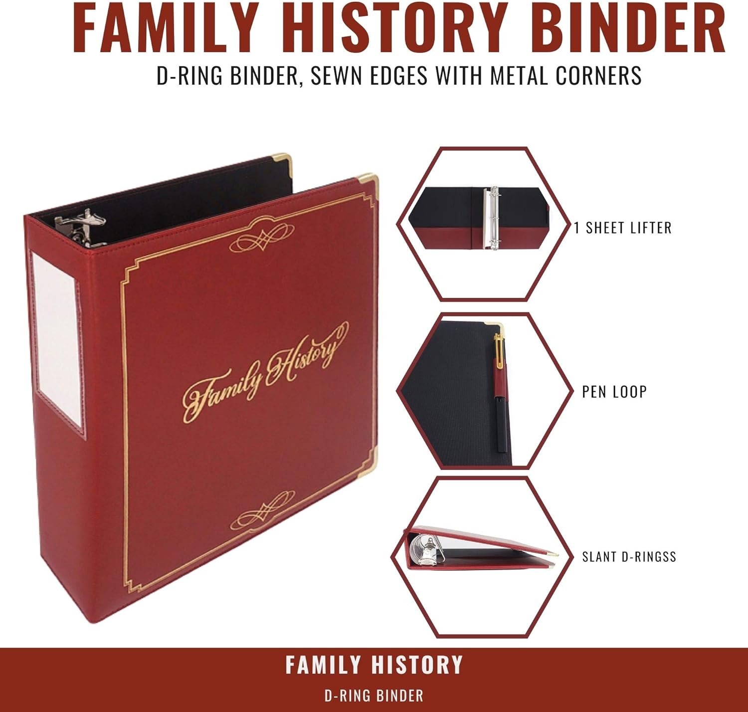 Performore Family History/Genealogy 3 inch Ring Binder, Burgundy, Stitched Padded Cover with Gold Corners and Artwork, Includes Pen Loop