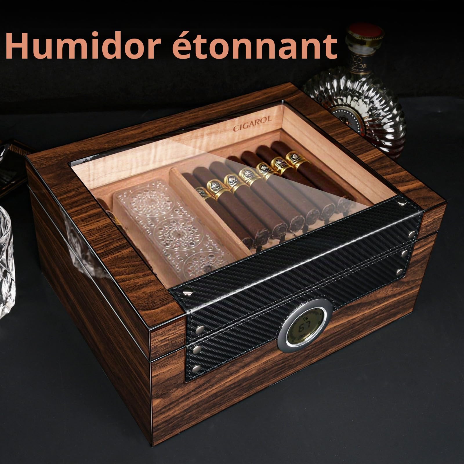 Boîte a Cigare de Luxe, Cave à Cigare en Cèdre Espagnol Capacité 70 Cigare Cubain, Humidor Cigares avec Hygromètre, Humidificateur Cigares, Plateau détachable, Superbe Cadeau pour Hommes
