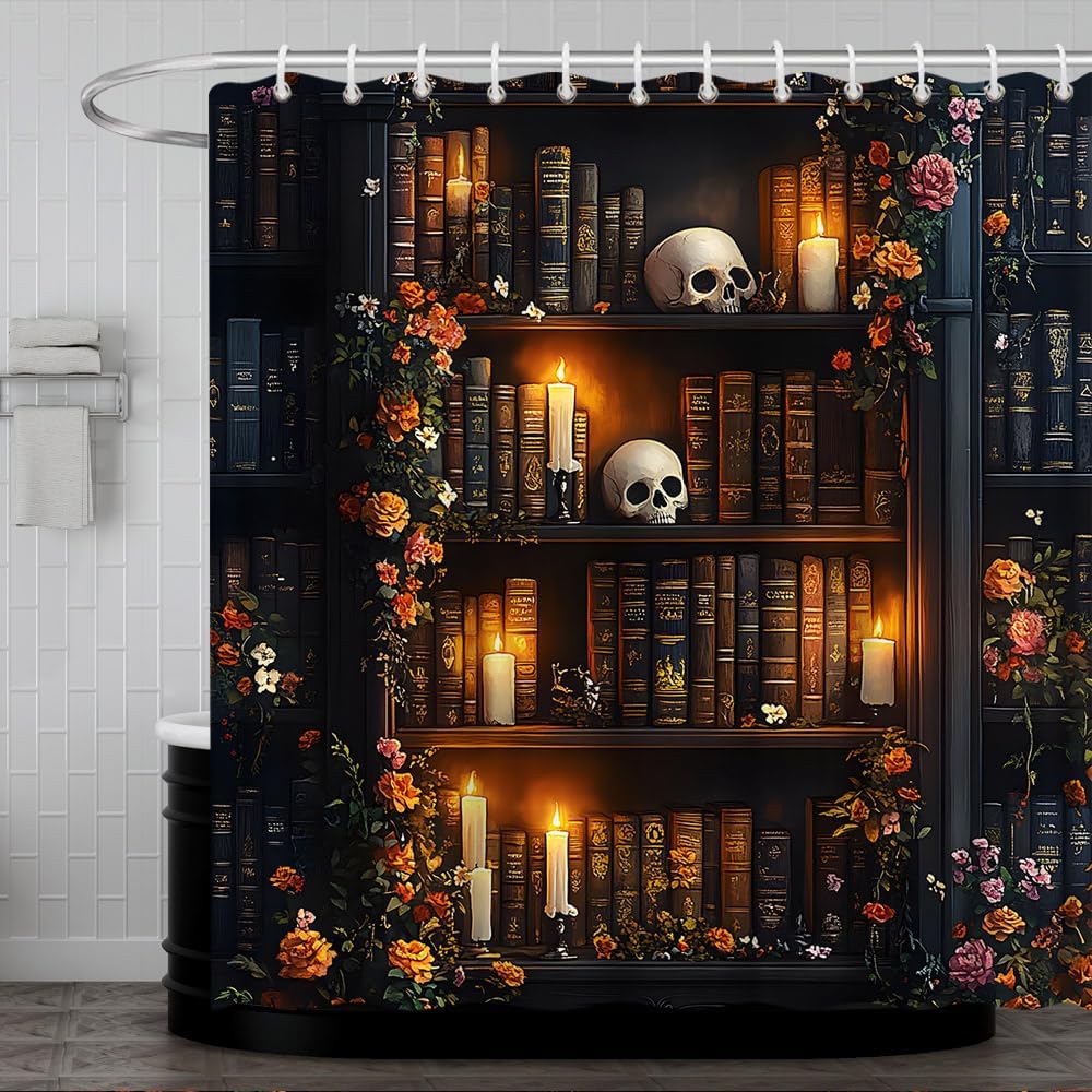 Vintage Bookshelf Shower Curtain Gothic Witchy Magical Books Skull Retro Rose Flower Bath Decor Polyester Fabric Curtains 106X70 Inch