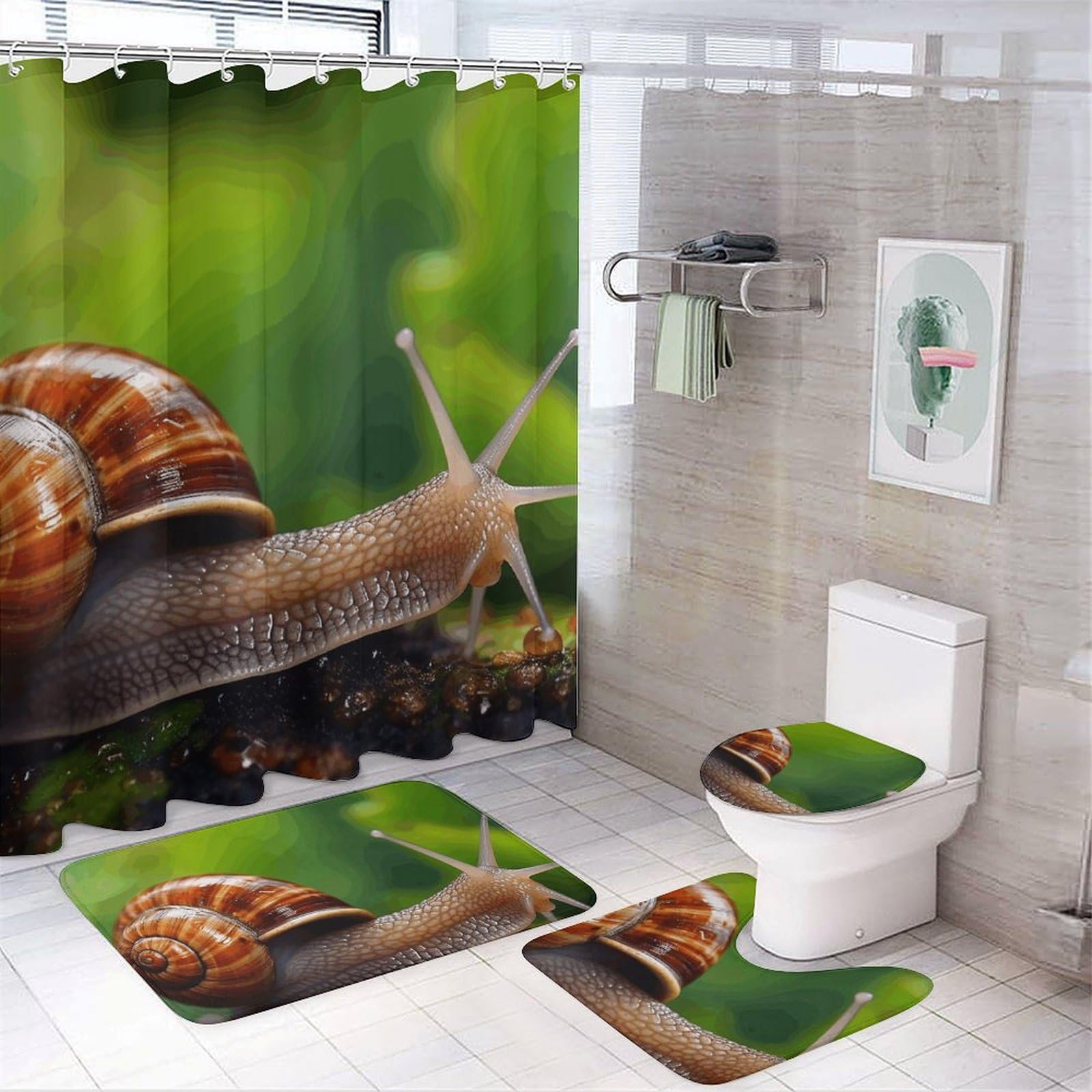 Ensemble tapis de bain escargot en polaire et rideau de douche Oxford