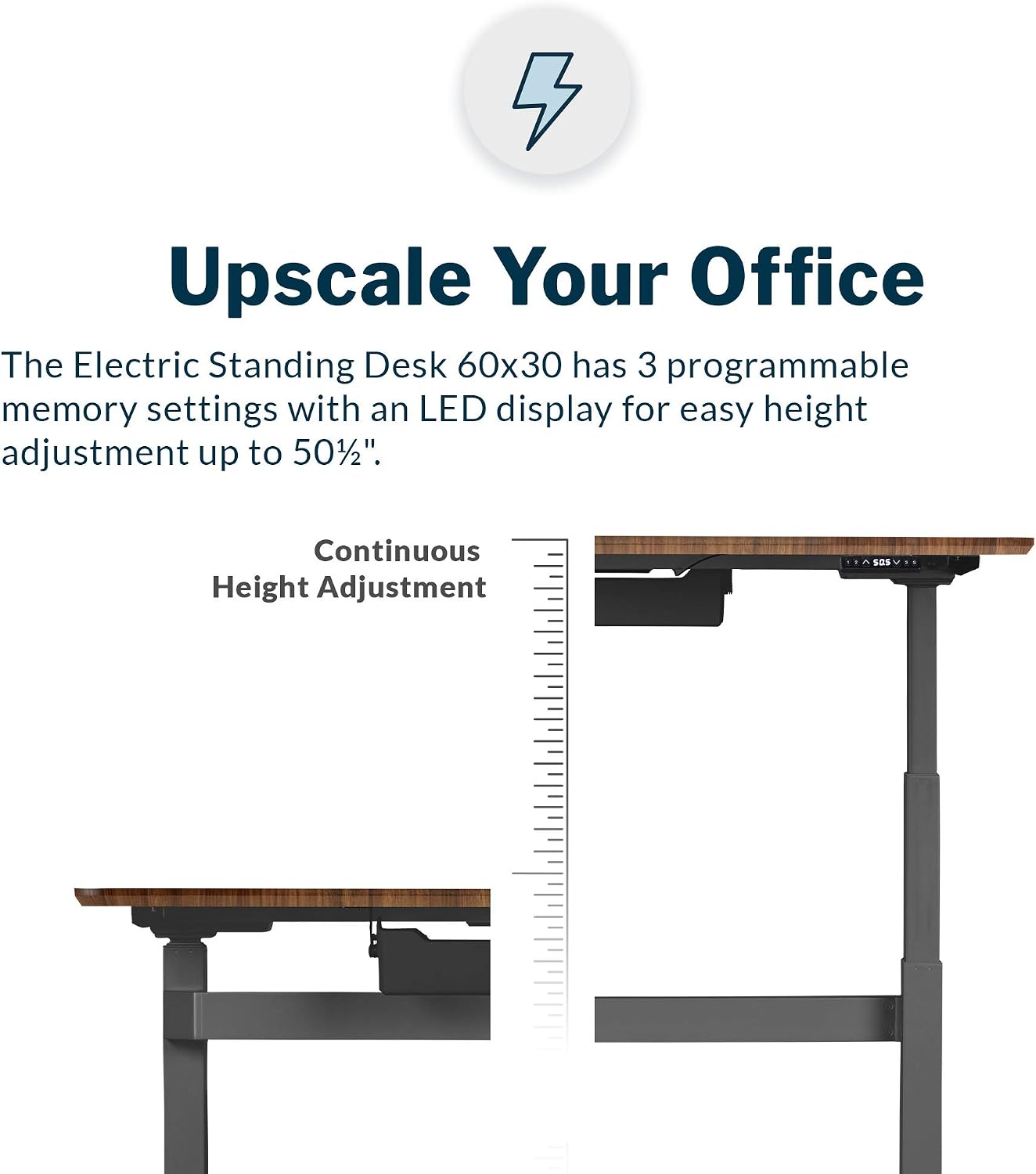 Vari Electric Standing Desk 60" x 30" (Discontinued Model) - Height Adjustable Sit to Stand Desk - Solid-Top Desktop with Included Crossbar and Cable Management Tray (Dark Wood)