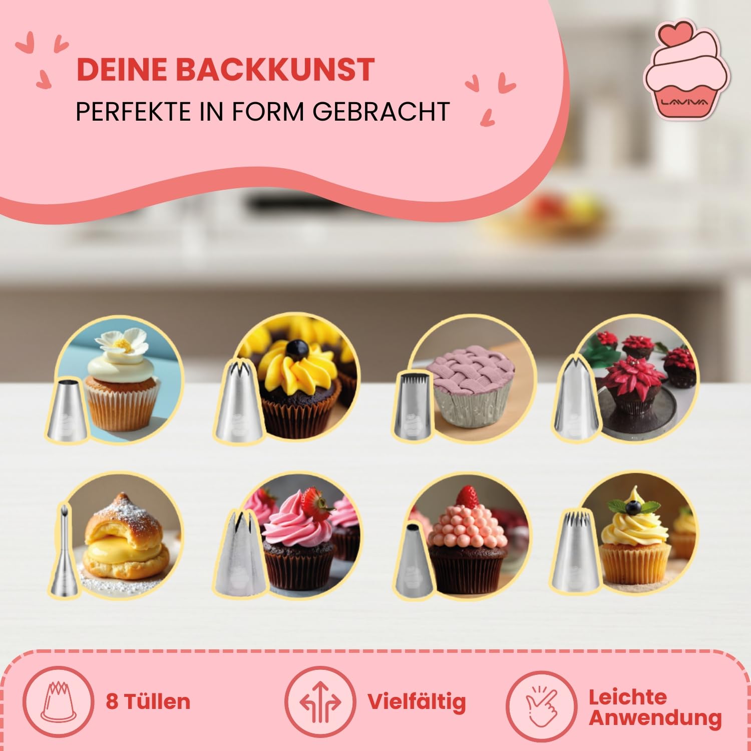 PIAZZA Set per Dolci - Sac a Poche Professionale 34 cm + 4 Beccucci in Acciaio Inox da 10mm - Per Realizzare Decorazioni su Dolci, Torte e Pasticcini, Sacca Riutilizzabile in Resistente