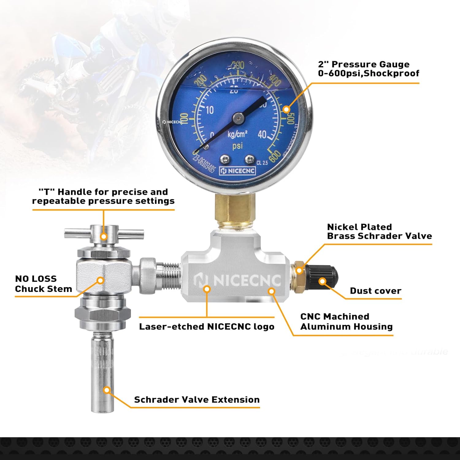 NICECNC Motorcycle 600 PSI High Accuracy Nitrogen Filling Tool with Extension Special for All Shocks with Schrader Filling Valve