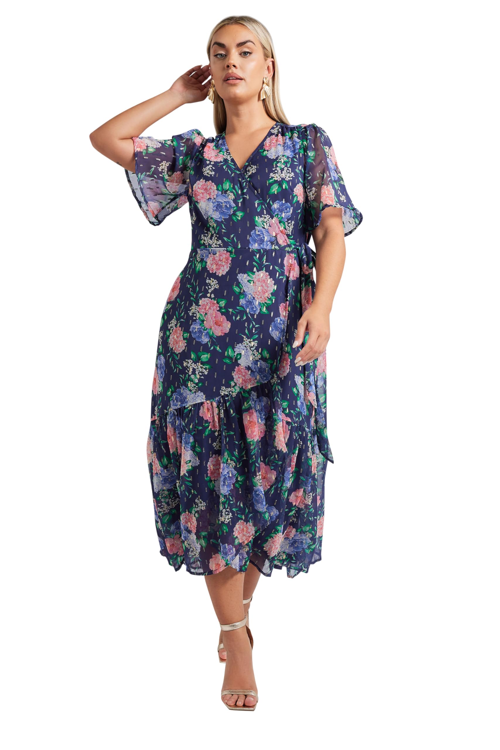 Yours London Curve Blue Floral Metallic Wrap Dress - Women's - Plus Size Curve