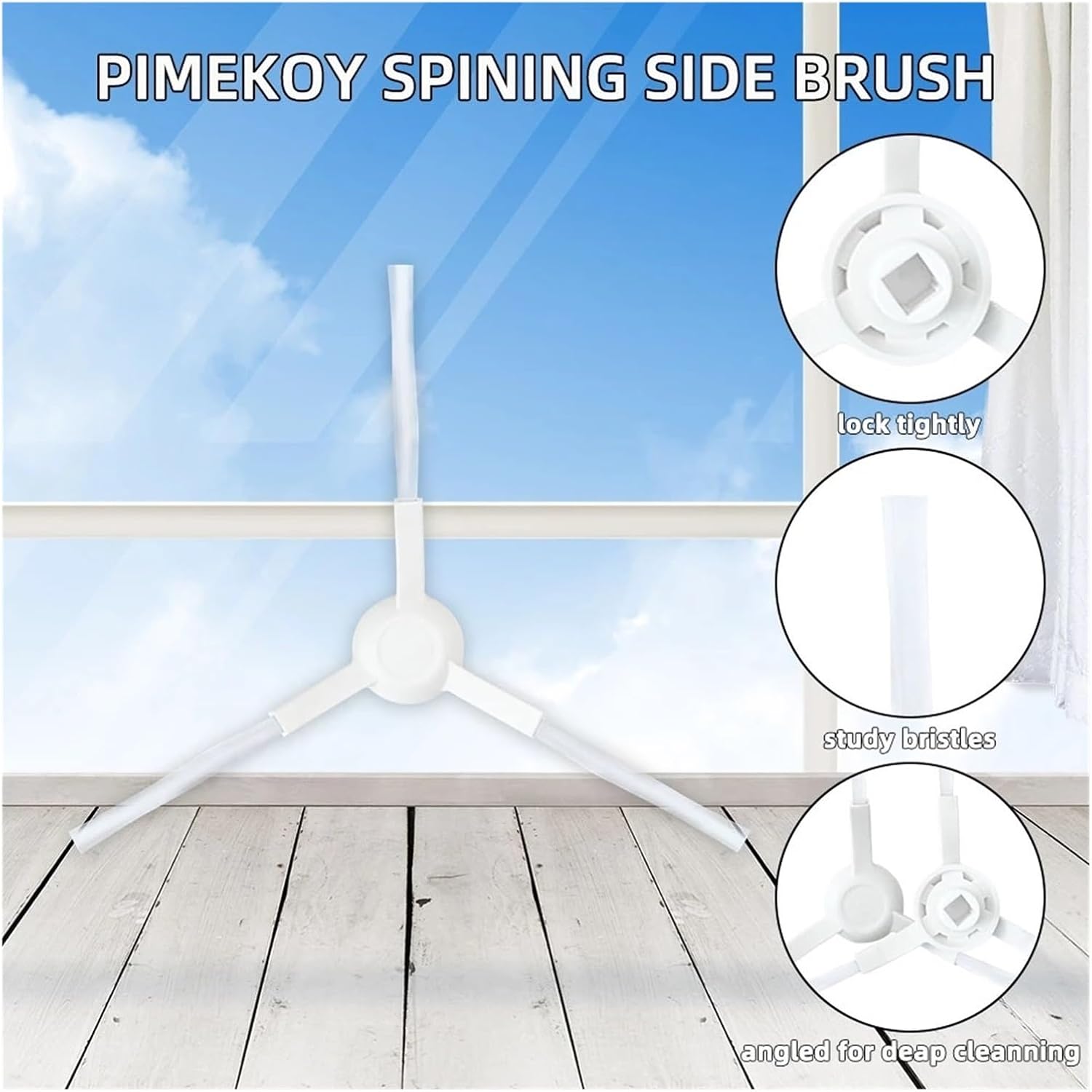 Close-up of a white three-arm side brush, showing its sturdy bristles and secure locking mechanism for deep cleaning.