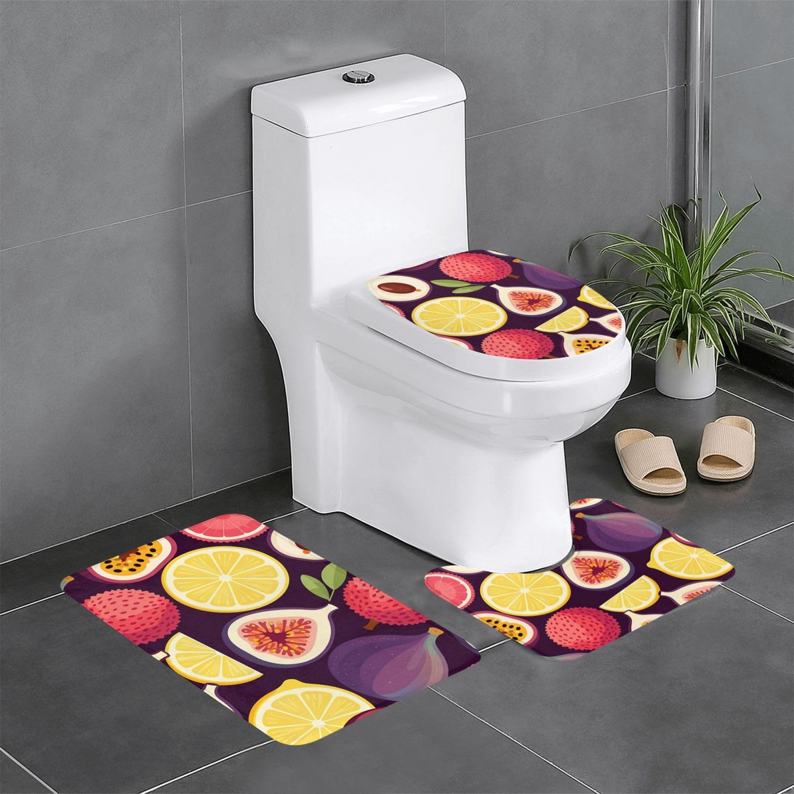 Vibrant Fruit with Figs Pomegranates Lemons and Dragon Fruit 3 Pcs Non-Slip Bath Mat Set Side 24x16in Absorbent Anti-Skid for Bathroom Vanity Main Guest Bath Toilet