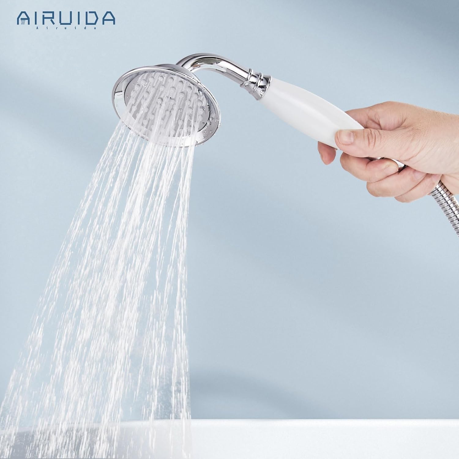 Airuida Wall Mount Bathtub Faucet with Telephone Handheld Sprayer, Double Hot and Cold Mixer, Cross Handles,Vintage Victorian Style Tub Filler Set Chrome Polish