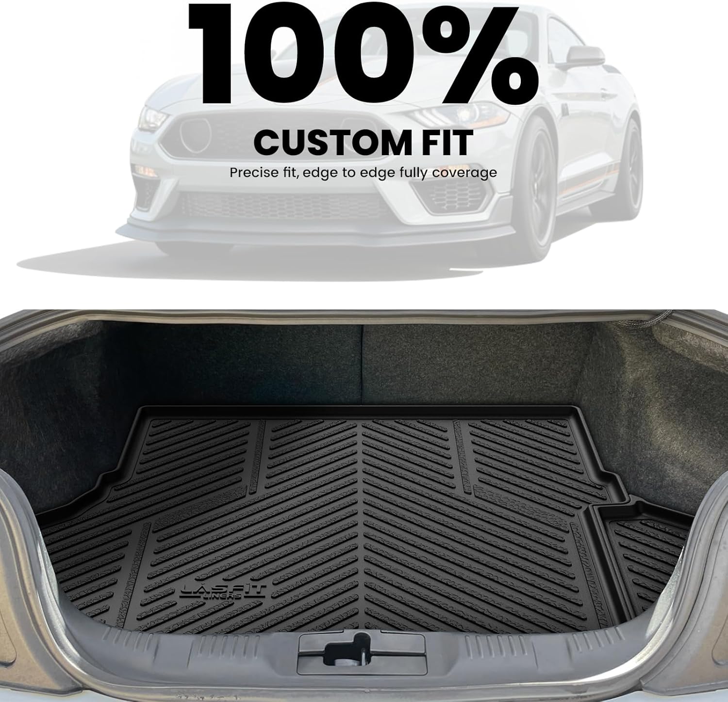 LASFIT Cargo Mat for Ford Mustang 2015-2023 (with or Without Subwoofer) Trunk Liner, Custom Fit All Weather Protector TPE One-Piece Design Easy Installation Trunk Mat, 1pc Black