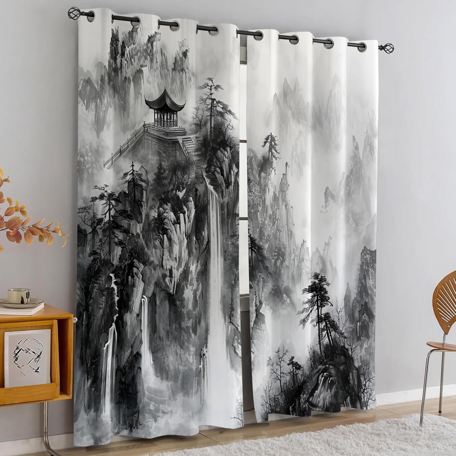 Natural Ink Painting Curtains,Landscape Blackout Curtains Waterfall Landscape Grommet Drapes 2 Panels for Bedroom Living Room 21" W x 63" L x2
