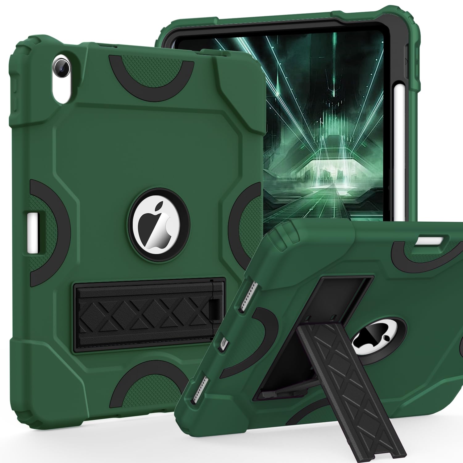Cantis Case for iPad 10th Generation 10.9 inch 2022, iPad 10th Gen Case with Kickstand & Pencil Holder, Heavy Duty Shockproof Rugged Protective Cover, Alpine Green+Black