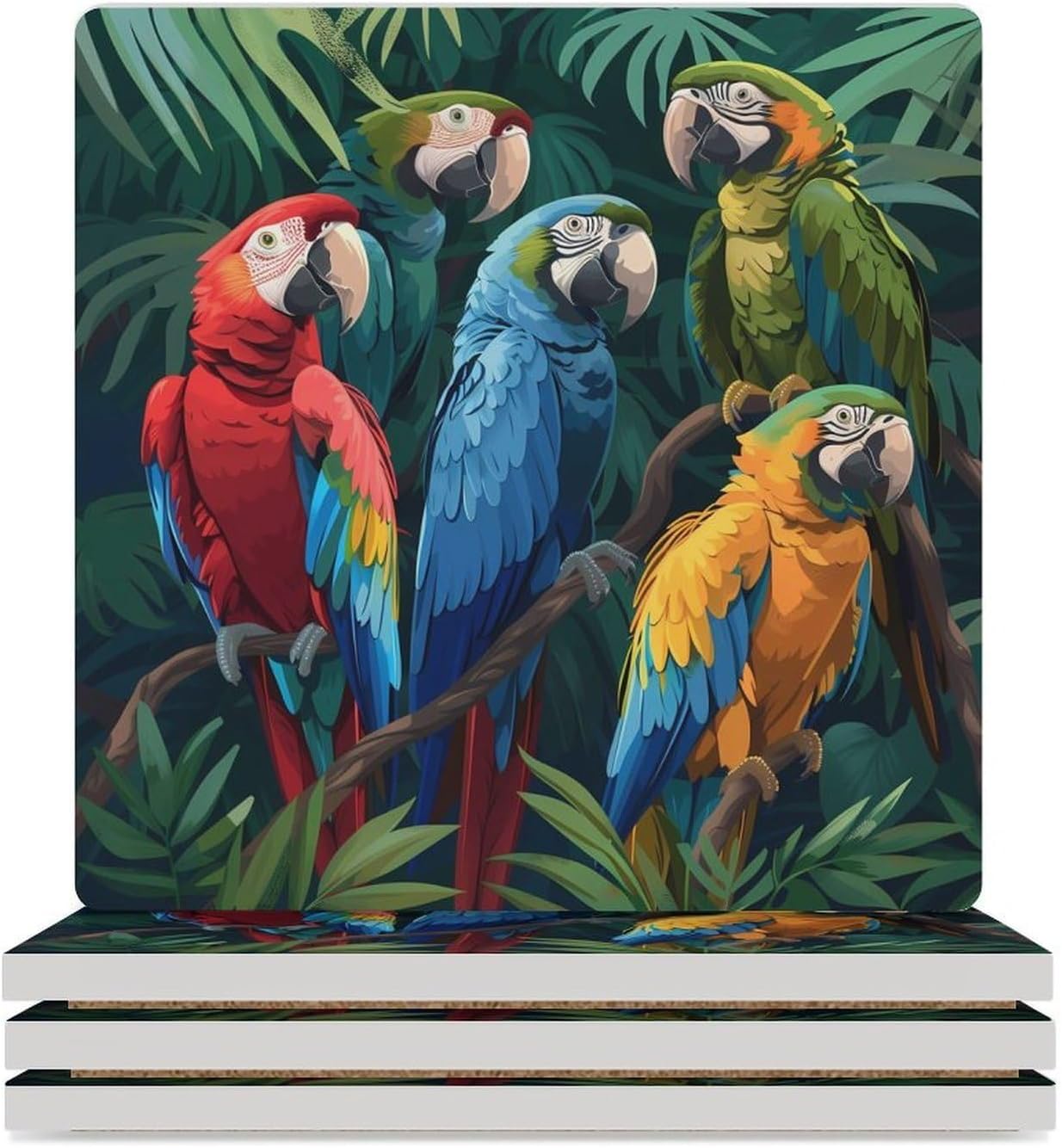 Tropical Macaw Parrot Colorful Coasters for Drinks Square Table Coasters Set Cup Mats with Cork Base