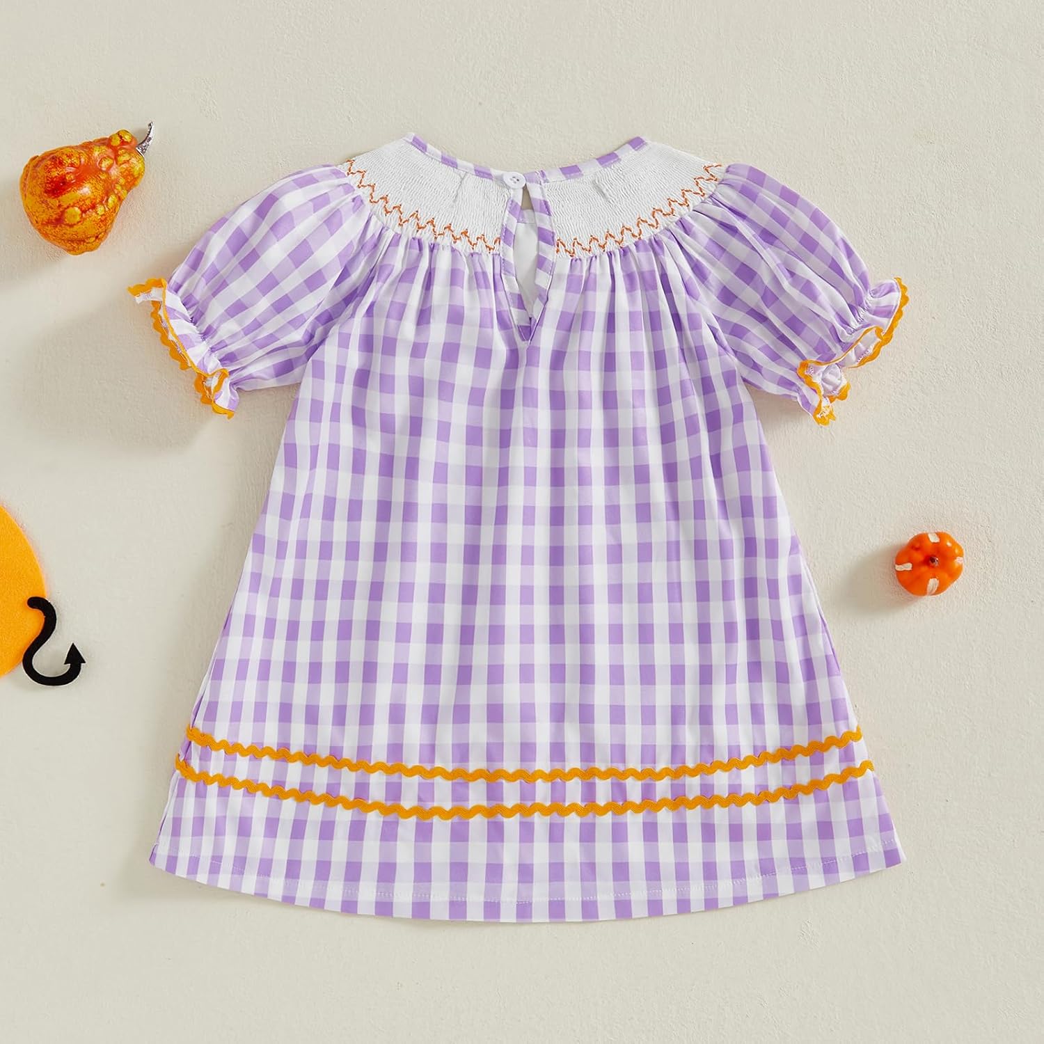 Kids Baby Girl Halloween Outfit Short Puff Sleeve Plaid Pumpkin Embroidery Smocked Dress Toddler Fall Halloween Dress - Image 8