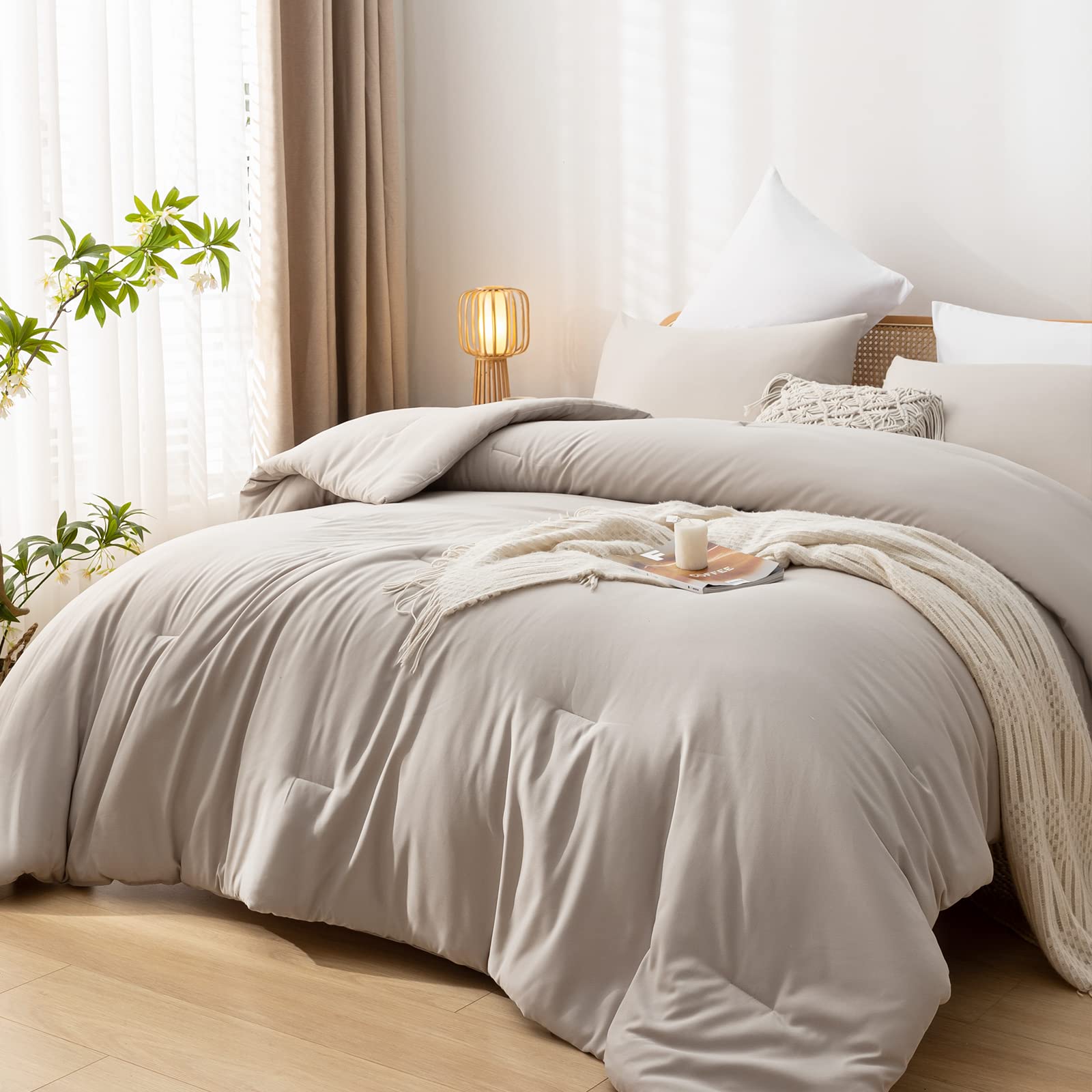 weigelia Oatmeal Queen Comforter Solid Color 3PCS Boho Bed Comforter