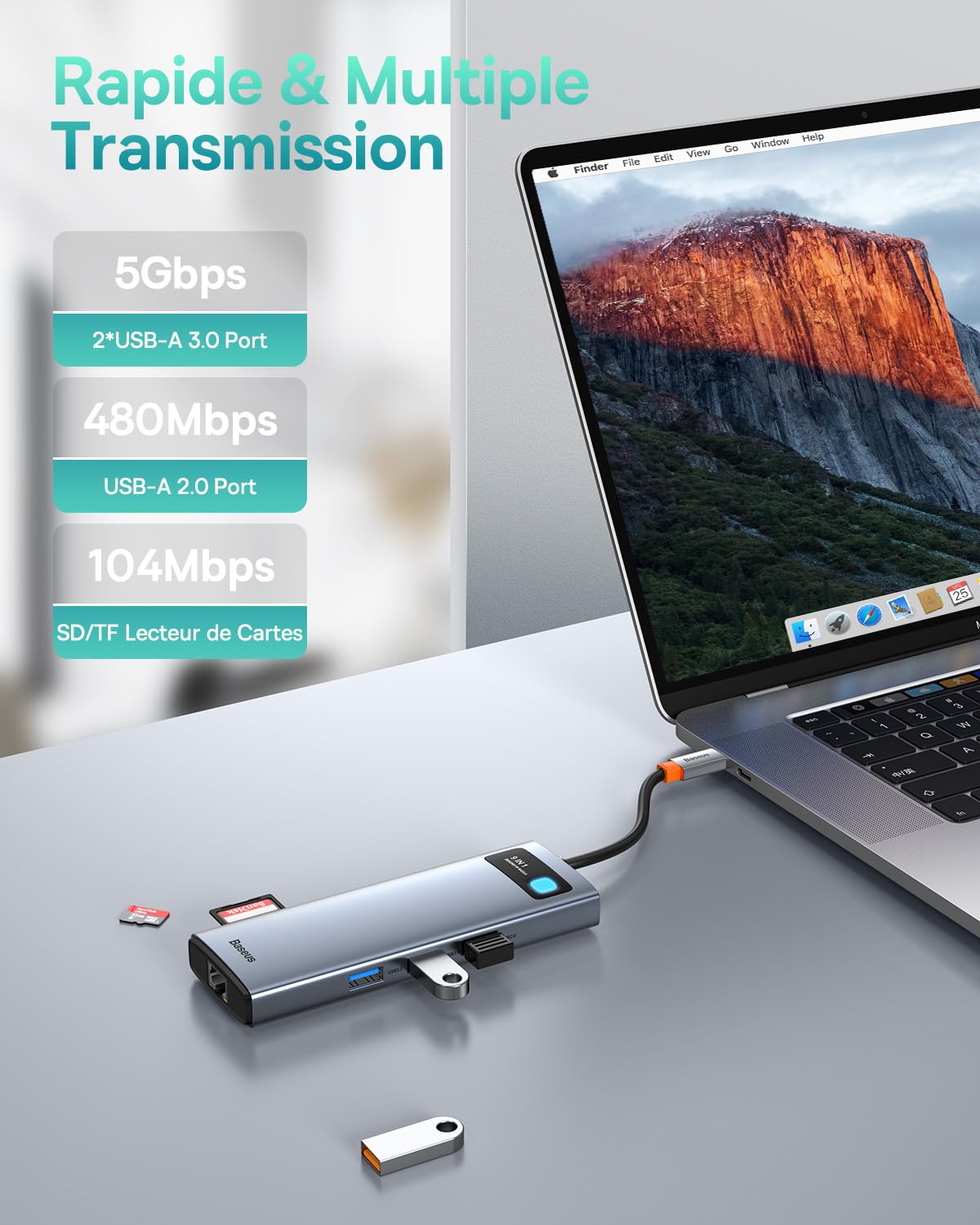 Baseus Hub 9 en 1, Dock Double Moniteur Adaptateur USB C avec 2 HDMI 4K, Gigabit Ethernet, 100W PD, SD/TF, 3 USB, Station d'accueil pour MacBook/Dell/HP/Surface/Lenovo/Steam Deck