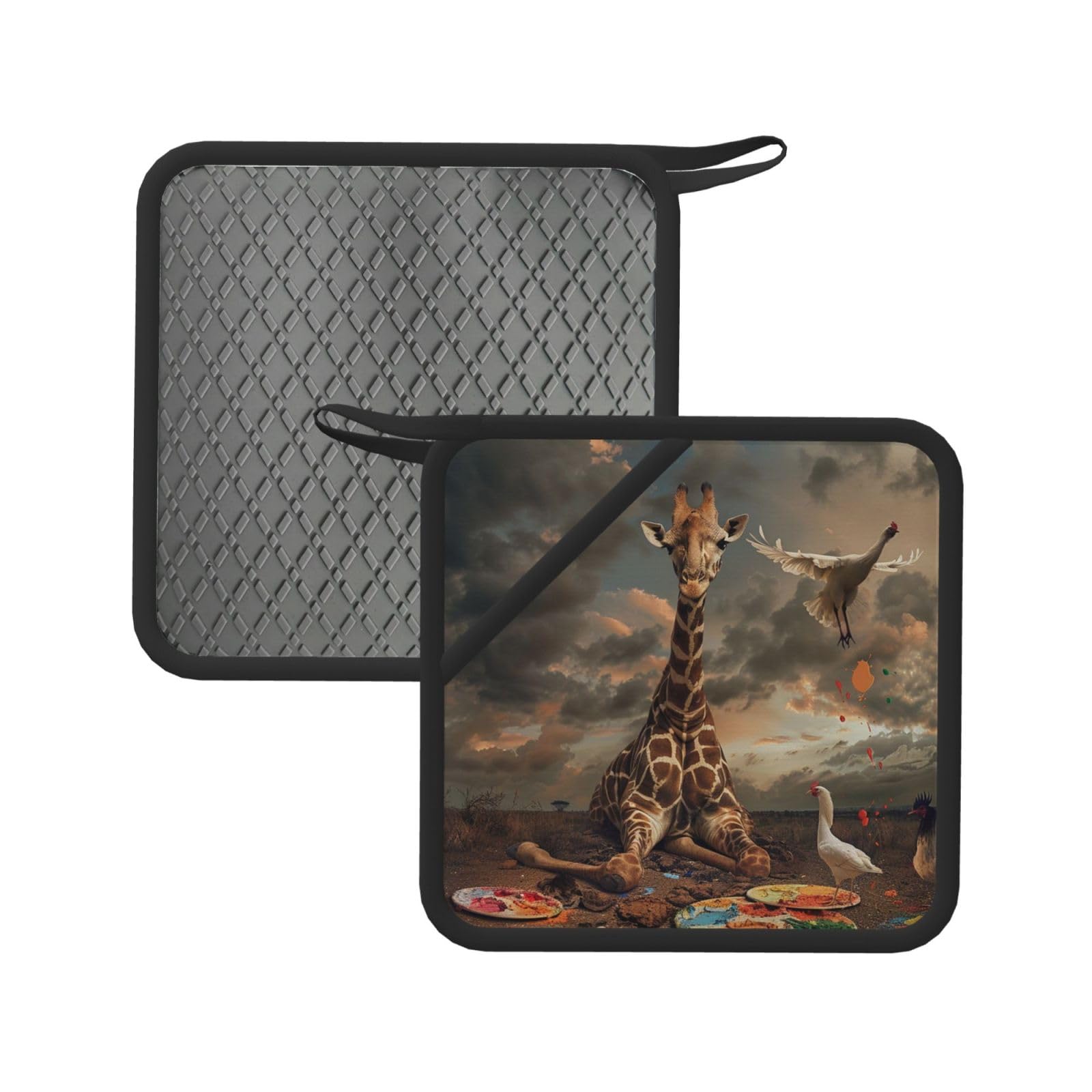 Pot Holders Set of 2 Kitchen Heat Resistant Potholders Giraffe Sitting Image Silicone Aunty-hot Pad Cotton Lining Oven Hot Pads for Cooking Baking BBQ Microwave Kitchen