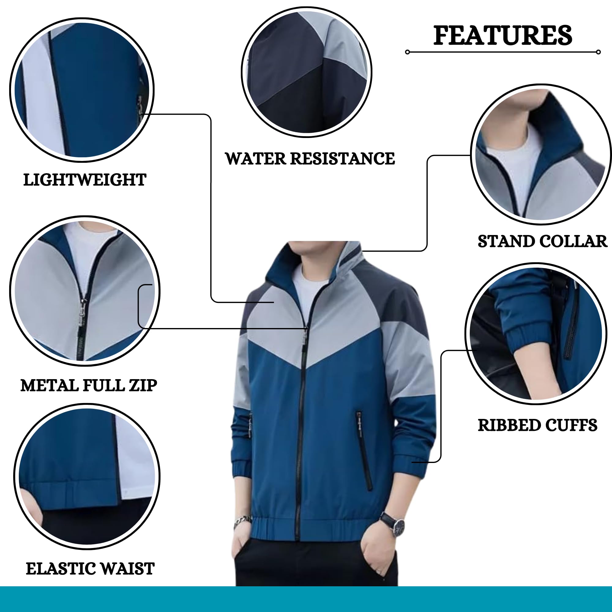 MIA FASHION Men's Water Resistant Standard Length Jacket For Winter Season | Lightweight Windcheater Nylon Jacket | Stylish Full Sleeves Stand Collar For Sports, Tracking 2