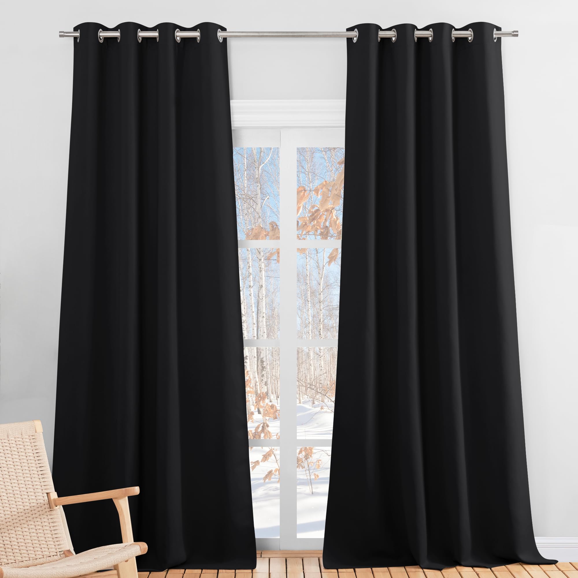 PONY DANCE Tende Nere Oscuranti per Interni Tenda Cameretta Bambini Oscurante ad Anelli Curtains Camera da Letto Termiche per Salotto 2 Pezzi L 140 x A 300 cm, Nero