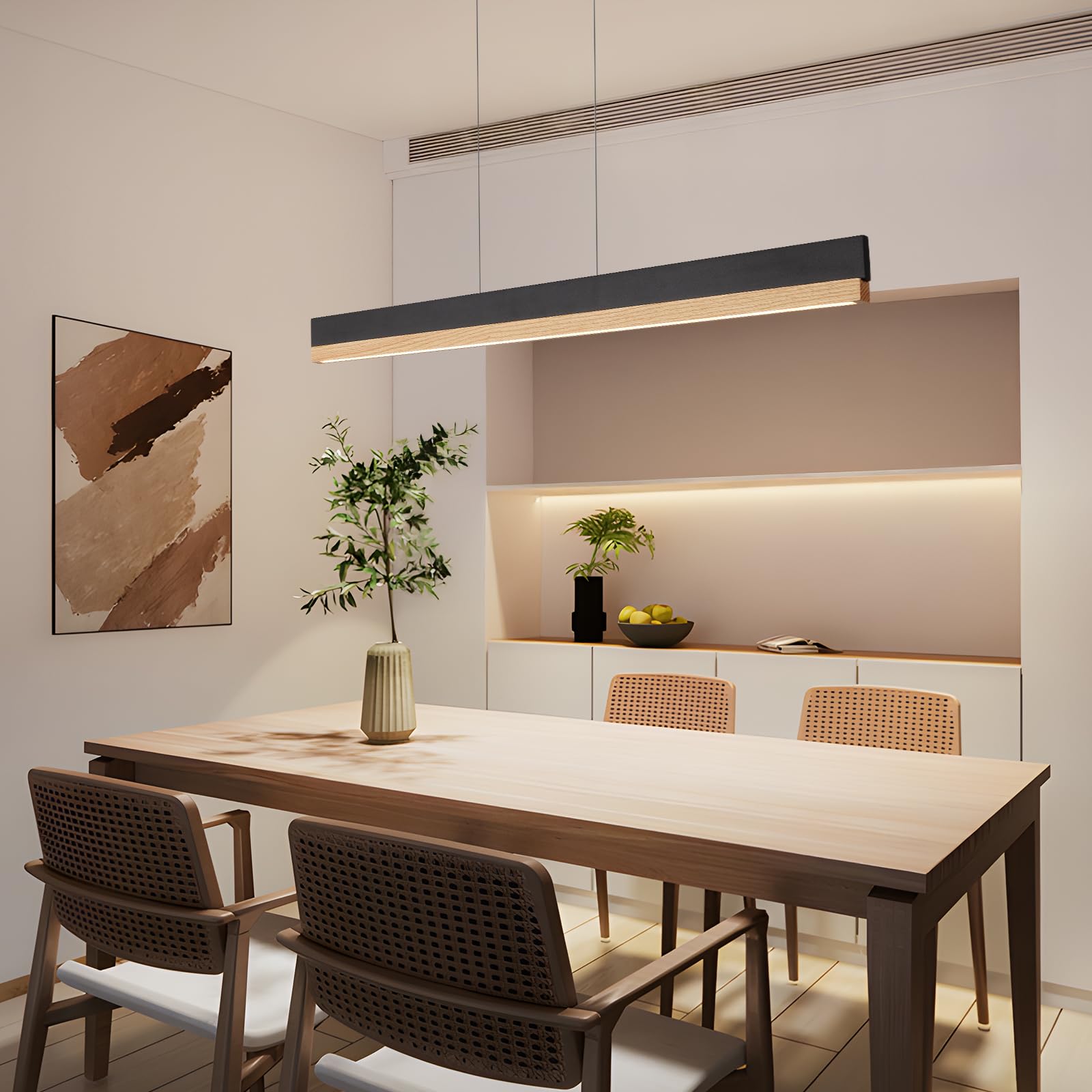 43.3" Wood Linear Pendant Light, 24W LED Linear Pendant Light, Dimmable Dining Room Light Fixture with Remote, Island Lights for Kitchen Island, Dining Room, Bar, Pool Table-Natural Wood