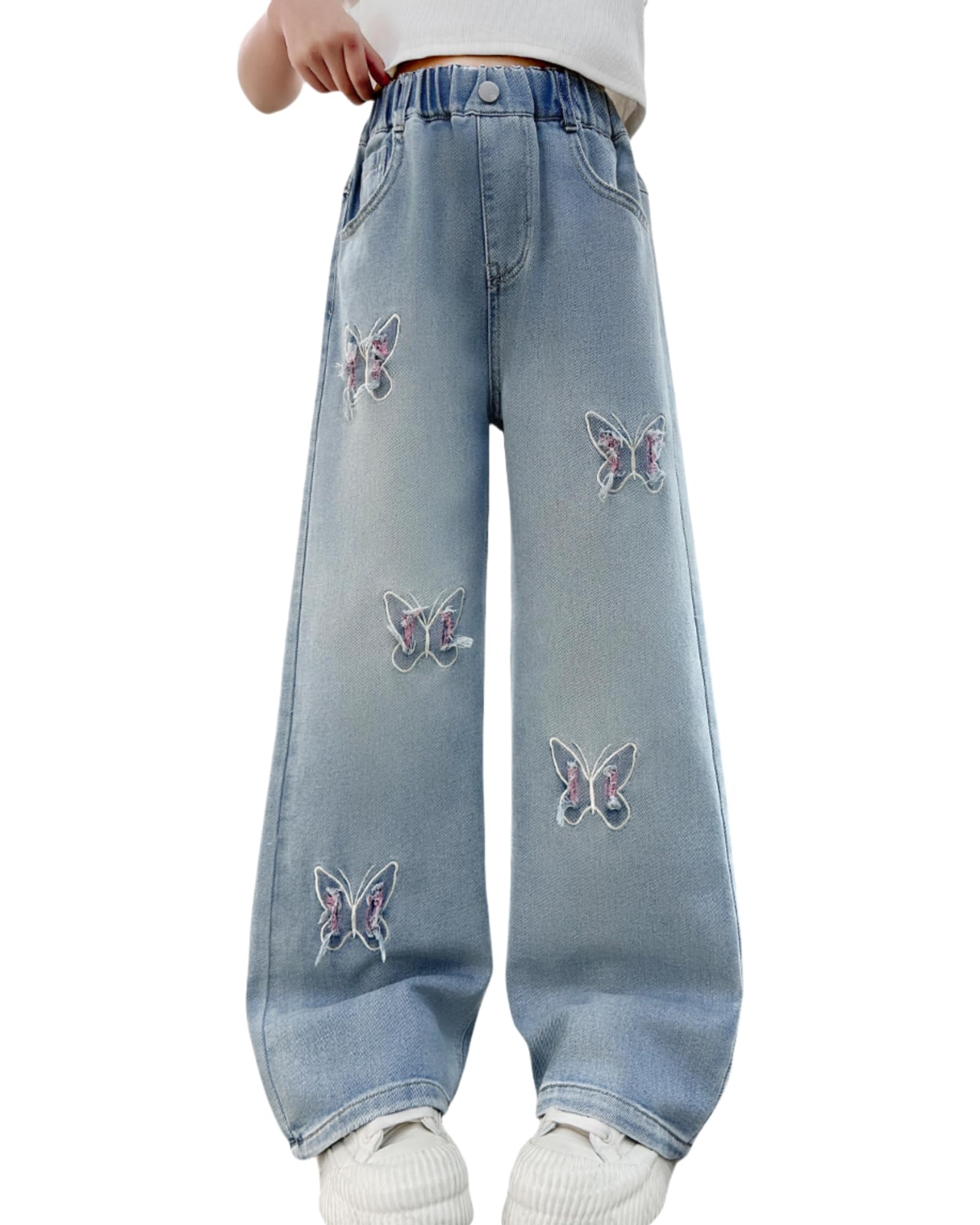 Rolanko Jeans holgados para niñas, pantalones de mezclilla desgastados, cintura elástica, pierna ancha, ajuste holgado de 4 a 14 años