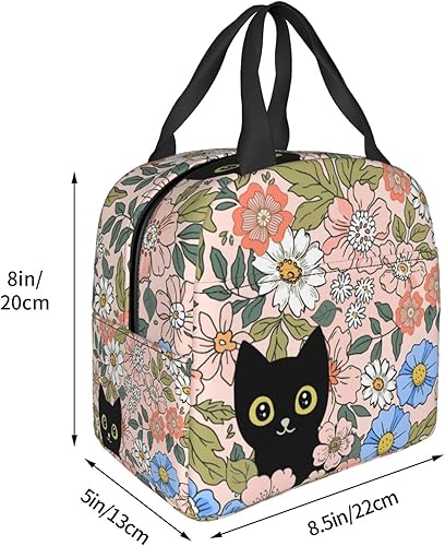 Miniatura 4 de HIZUWKY Lonchera con diseño floral de gato negro, reutilizable, aislada, para adolescentes, niñas, niños, mujeres, para escuela, viajes, picnic,