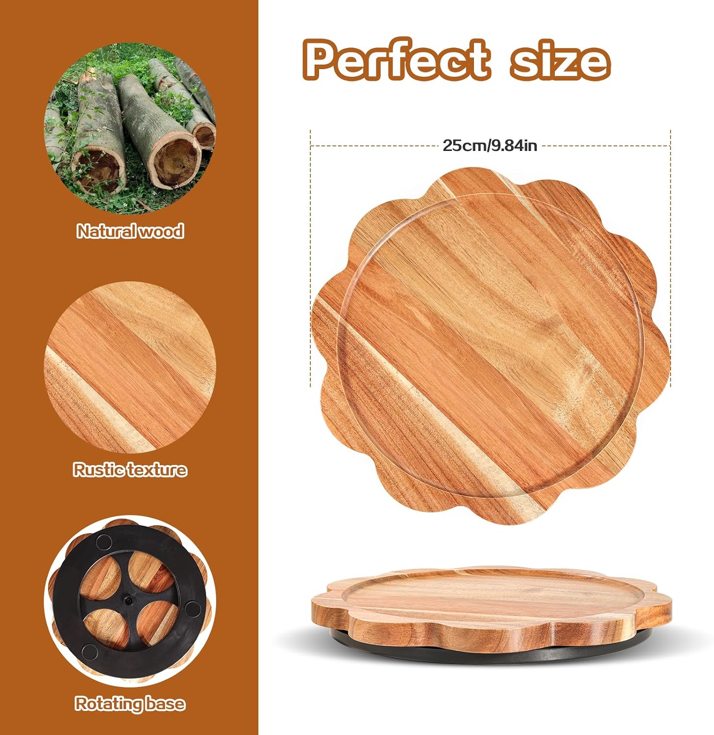 WLWNWFT Lazy Susan Turntable Organizer 10in, Acacia Wood Flower Shape Rotating Tray Candle Decoration Tray Centerpiece for Coffee Table, Candle Holder Display, Spice Rack, Pantry Organiser
