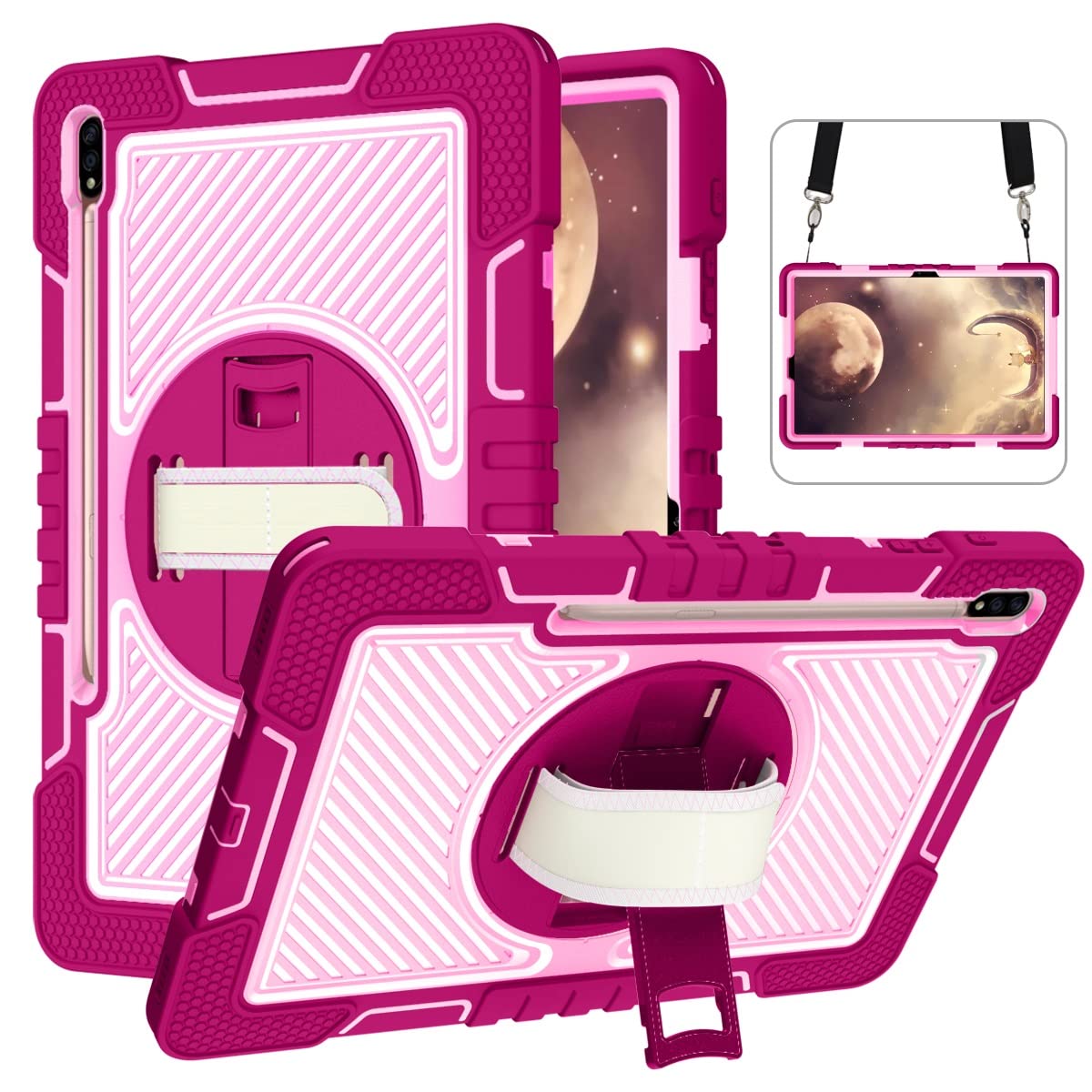 For Samsung Galaxy Tab S8 Plus 12.4 pulgada 2022 / S7 Fe . Pulgada 2021 y TAB 124 '' 2020 Tapa protectora duradera a prueba de golpes Duradera 360 grados Caja soporte giratorio la tableta(Rose Red+Pink)