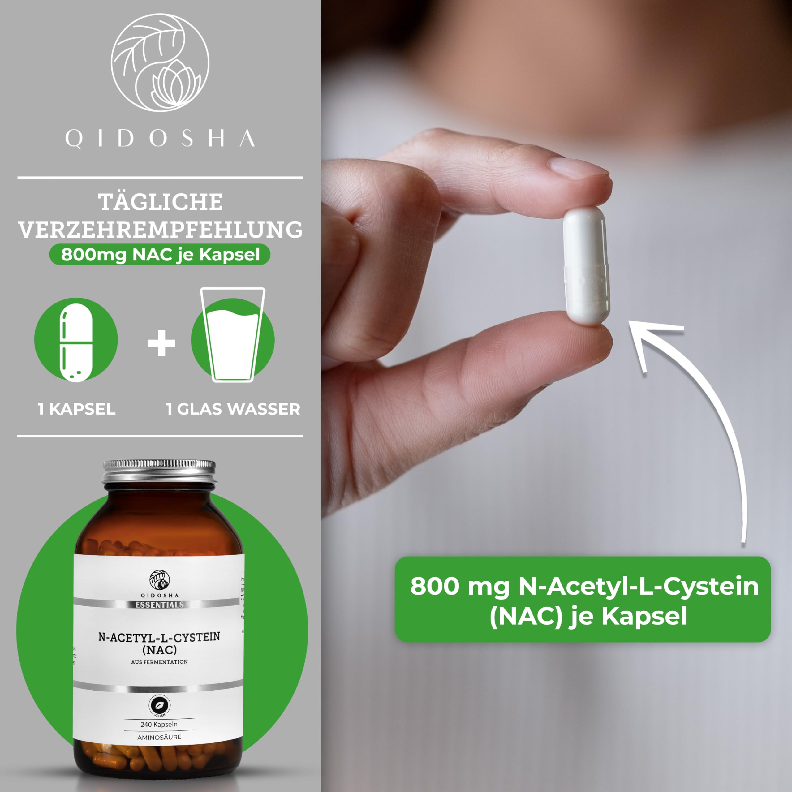 QIDOSHA® NAC 800 Kapseln hochdosiert, 240 Kapseln im Apothekerglas, 800mg N-Acetyl-L-Cystein je Kapsel, vegan, laborgeprueft, deutsche Fertigung