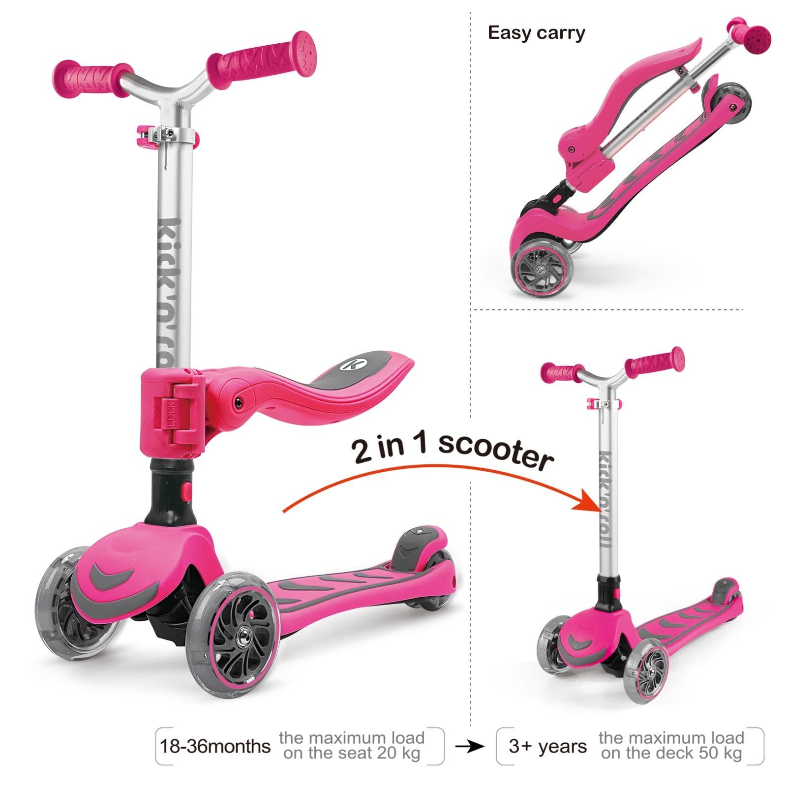 Kicknroll Patinete de 3 Ruedas Luminoso para Niños sin/con Asiento, 4 de Altura Ajustable y Patinete Plegable, Cubierta Extra Ancha, Scooer para Niños Niñas de 2 a 12 Años Soporte de 50 kg