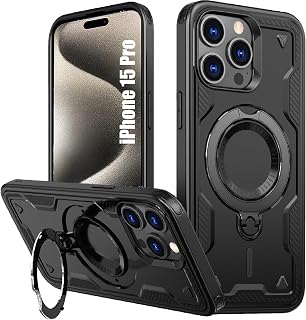 unknown Unknown For iPhone 15 Pro Case With Magsafe Stand 360 Rotate Ring Kickstand Military Gra