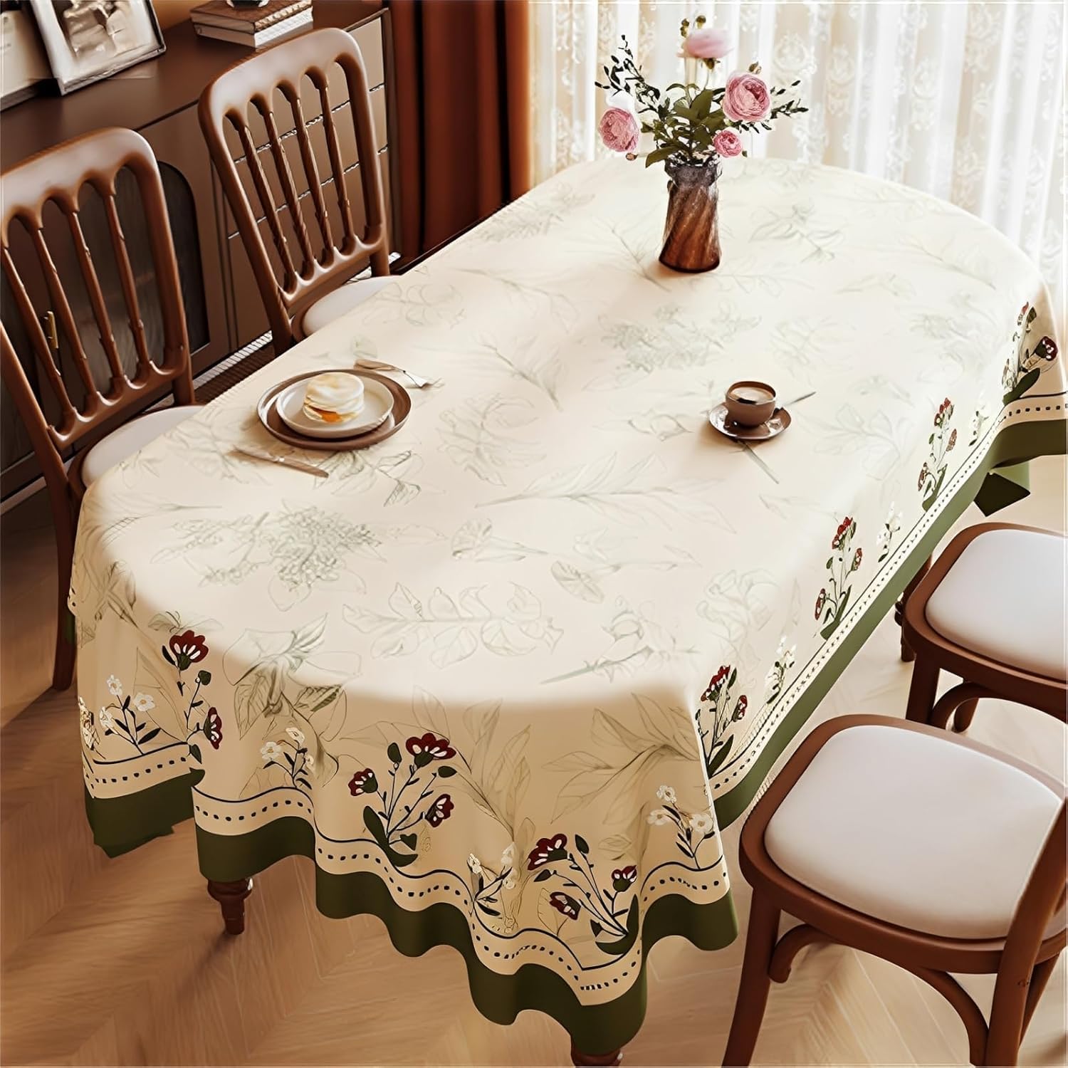 KIJyfgTR Floral-print, Wipe-clean Oval Tablecloth Ideal For Outdoor Garden Parties(Green,140x180cm)