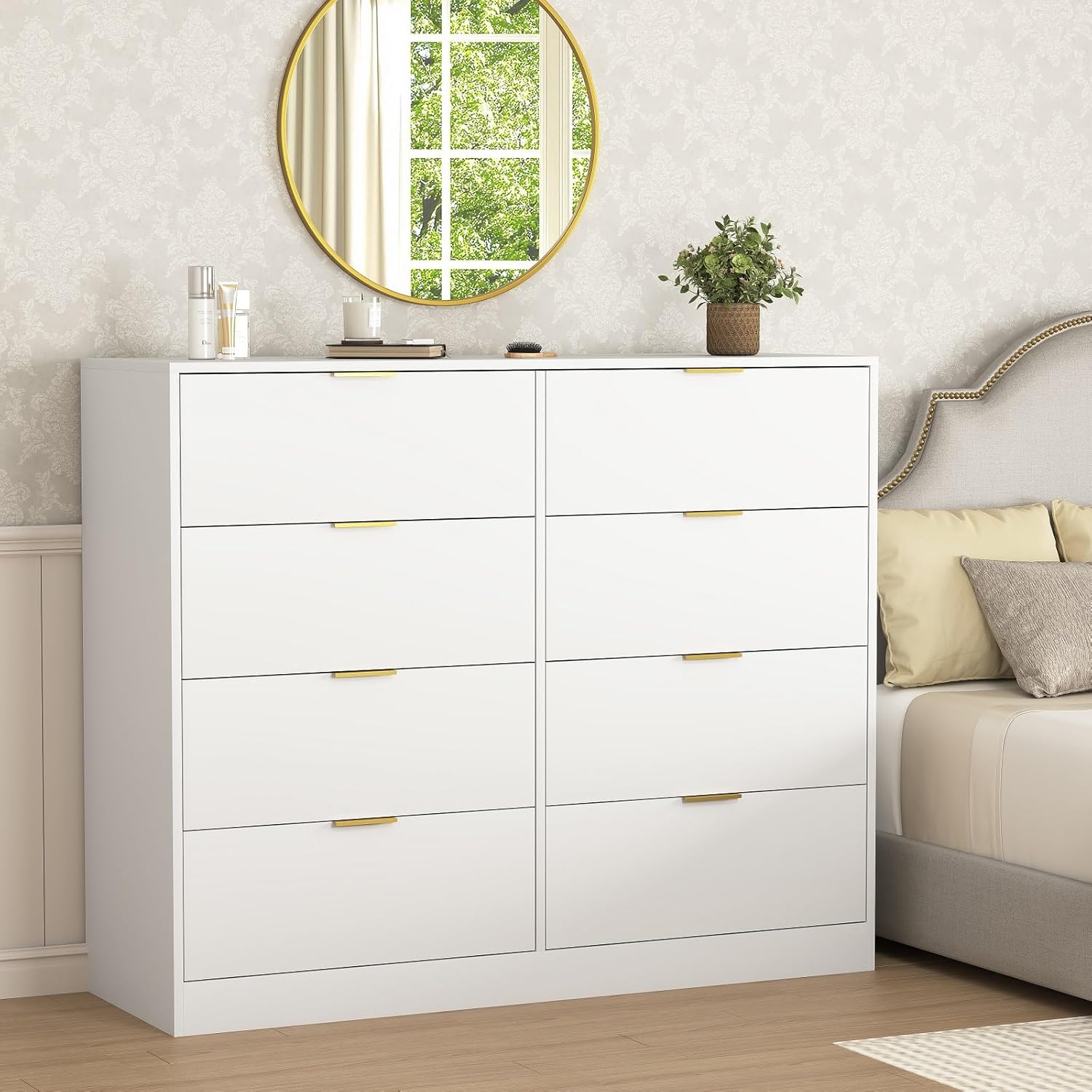 Spaco White 8 Drawer Dresser with Gold Handle,Modern Long 8 Deep Drawer Dresser for Bedroom,Storage Chest of Drawers for Closet,Living Room