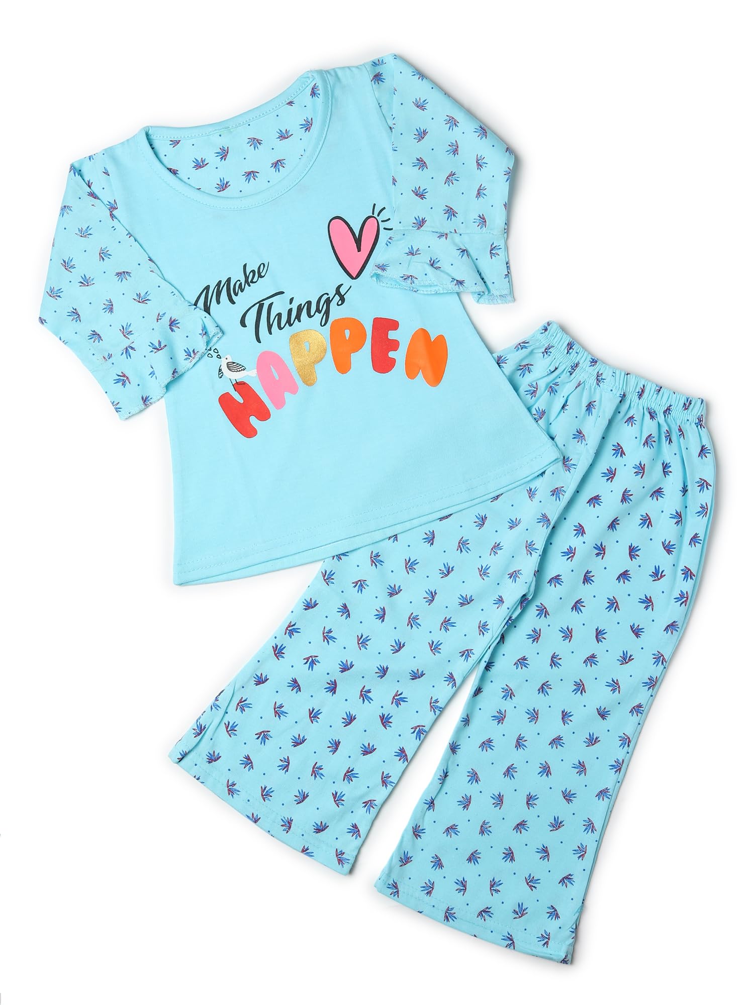 Girls' Light Blue Printed Pajama Set – Cozy Nightwear with Motivational Design-image-0