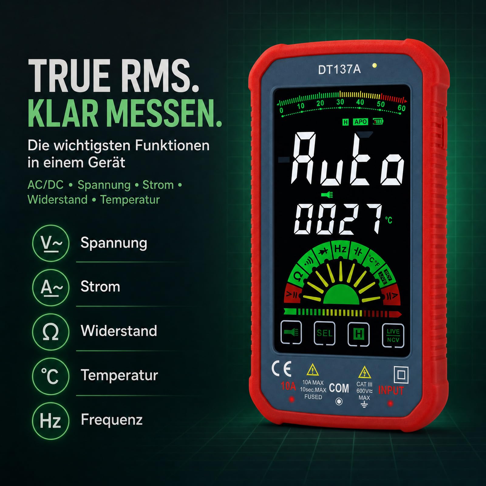 Digital Multi Touchscreen, DT137A, VA Farbbildschirm, TRMS, Rot