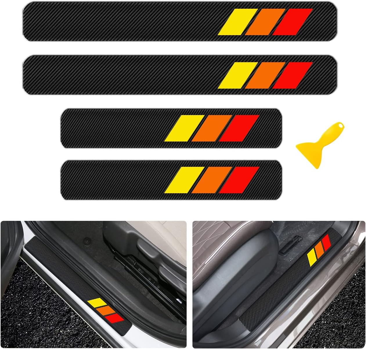 4 Pack Tri-Color 3 Color Carbon Fiber Door Sill Protector Welcome Pedal Front Rear Door Guards Step Protector Compatible for Toyota Tacoma 4Runner Tundra Rav4 Highlander. (Yellow Red-A)