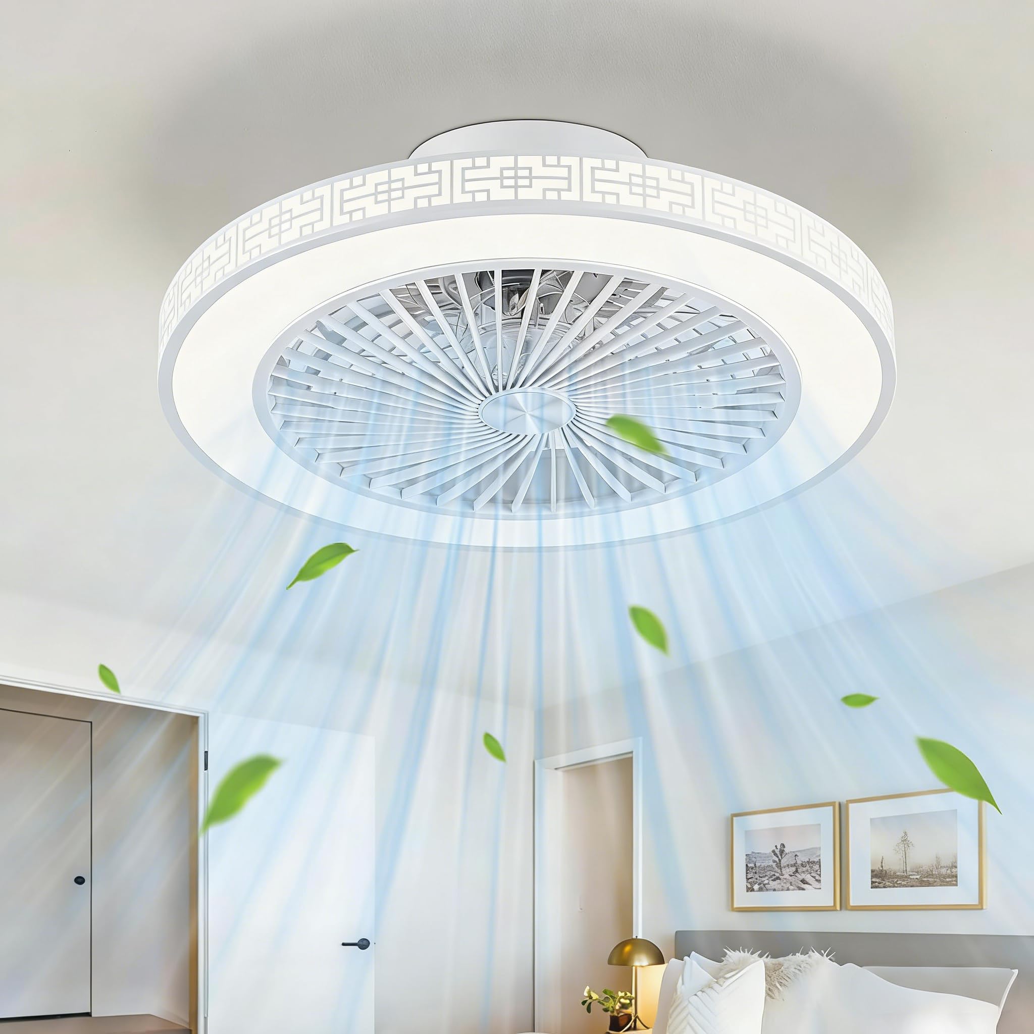 48 cm Deckenventilator mit Licht und Fernbedienung, geschlossener Deckenventilator mit bündiger Montage und Beleuchtung, dimmbar, weißer Deckenventilator für Schlafzimmer