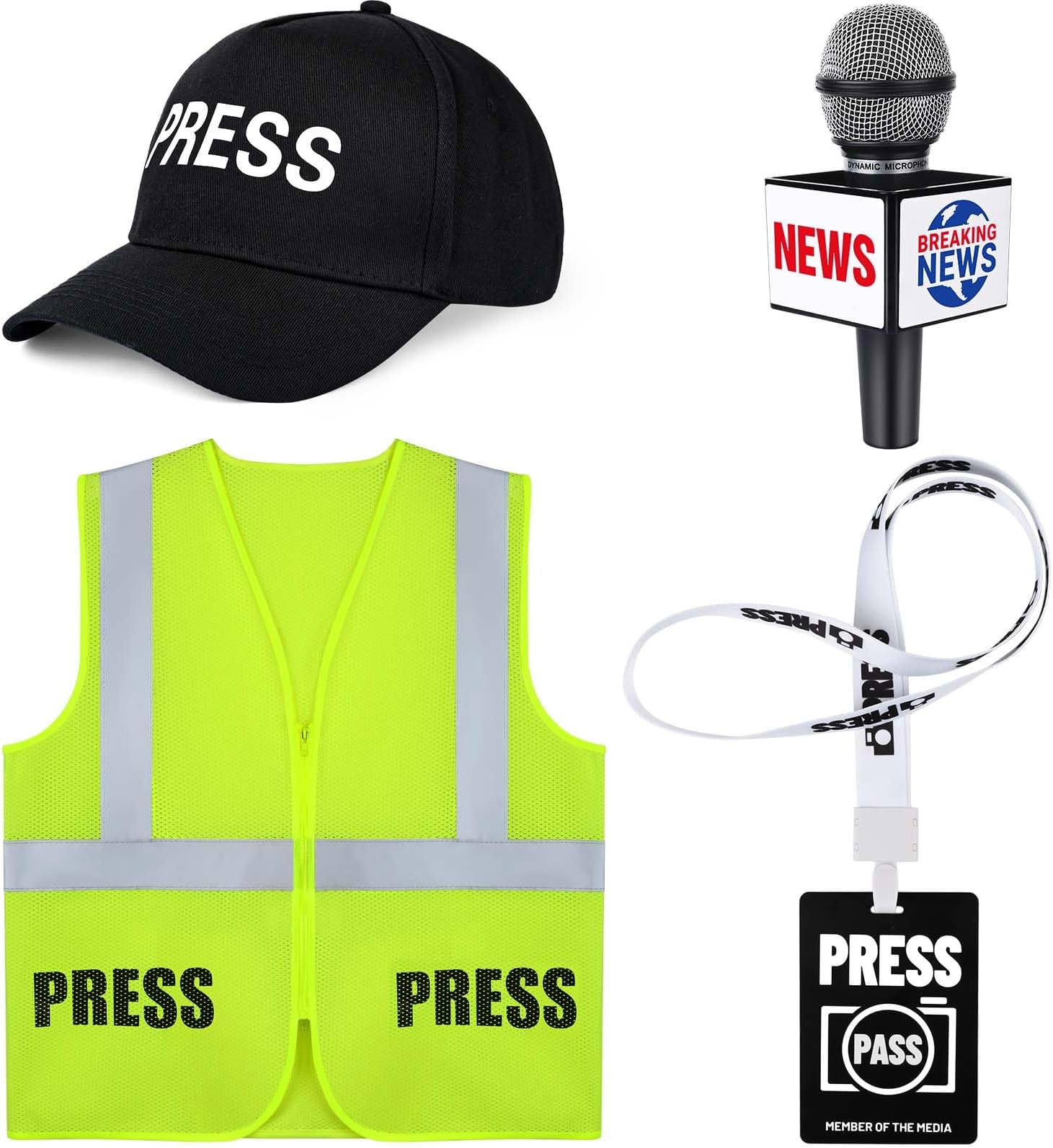 Kavoc Journalist Costume Accessories Set with Press Pass Microphone Prop News Reporter Hat for Halloween Dress Up
